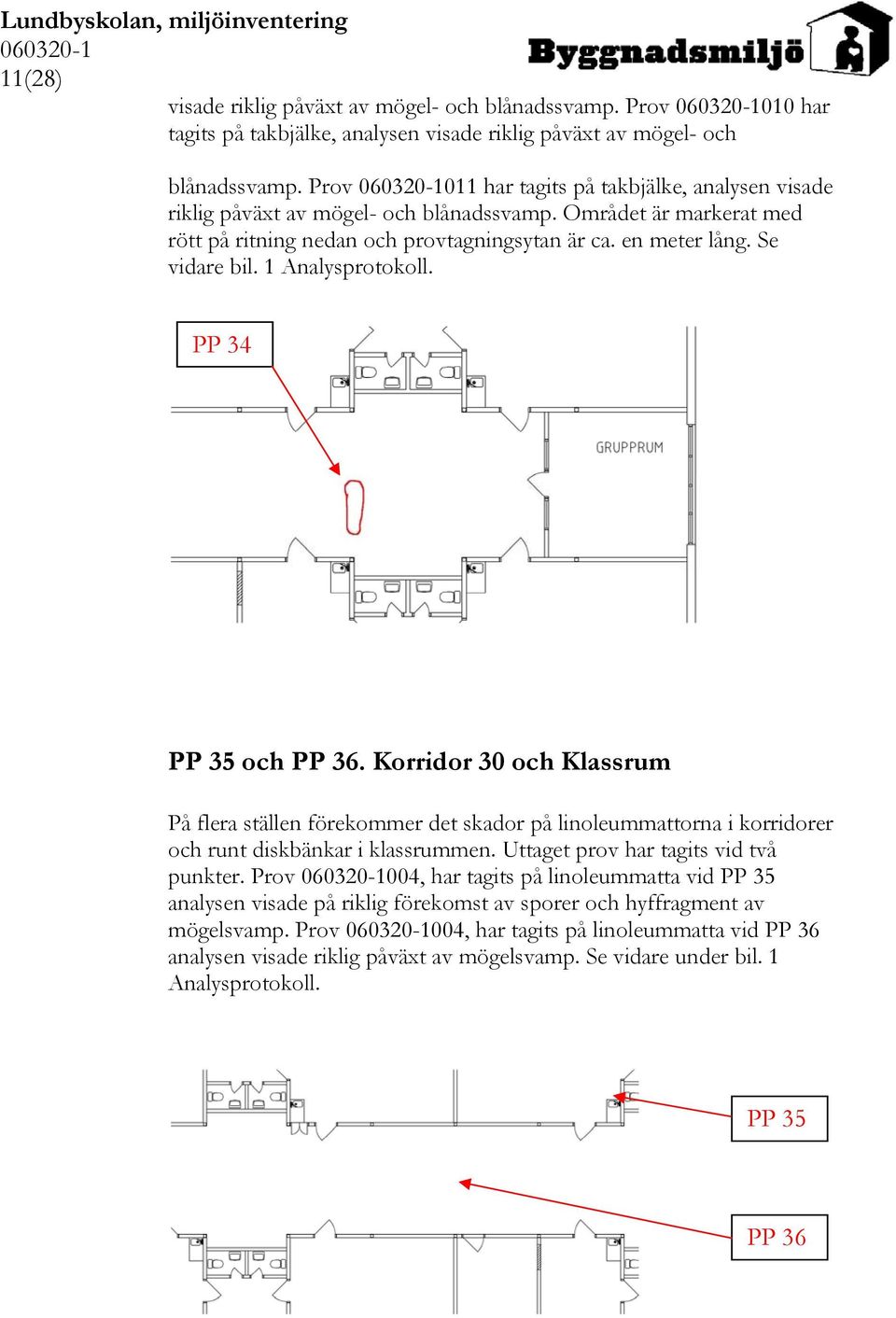 1 Analysprotokoll. PP 34 PP 35 och PP 36. Korridor 30 och Klassrum På flera ställen förekommer det skador på linoleummattorna i korridorer och runt diskbänkar i klassrummen.