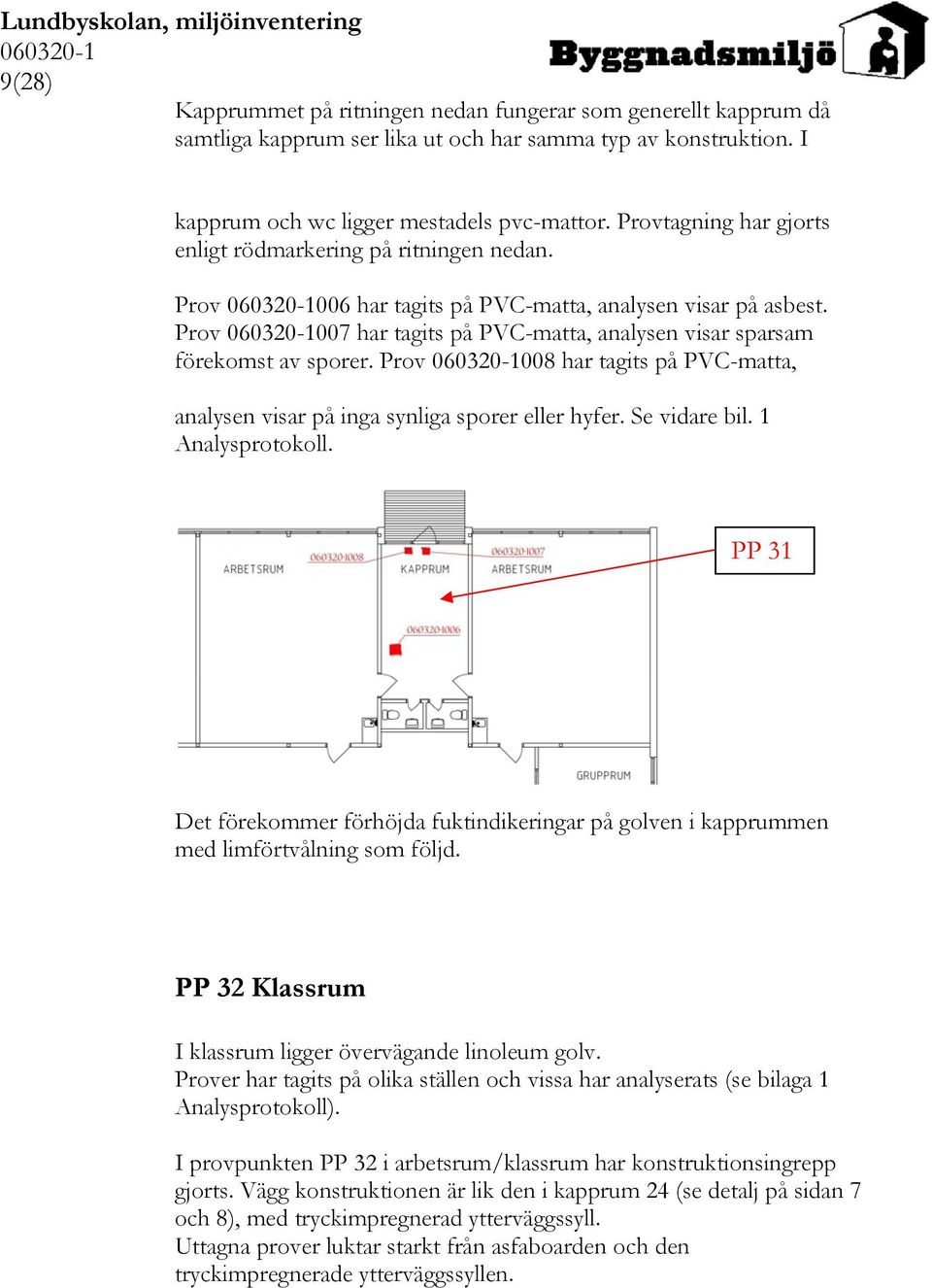 Prov 008 har tagits på PVC-matta, analysen visar på inga synliga sporer eller hyfer. Se vidare bil. 1 Analysprotokoll.