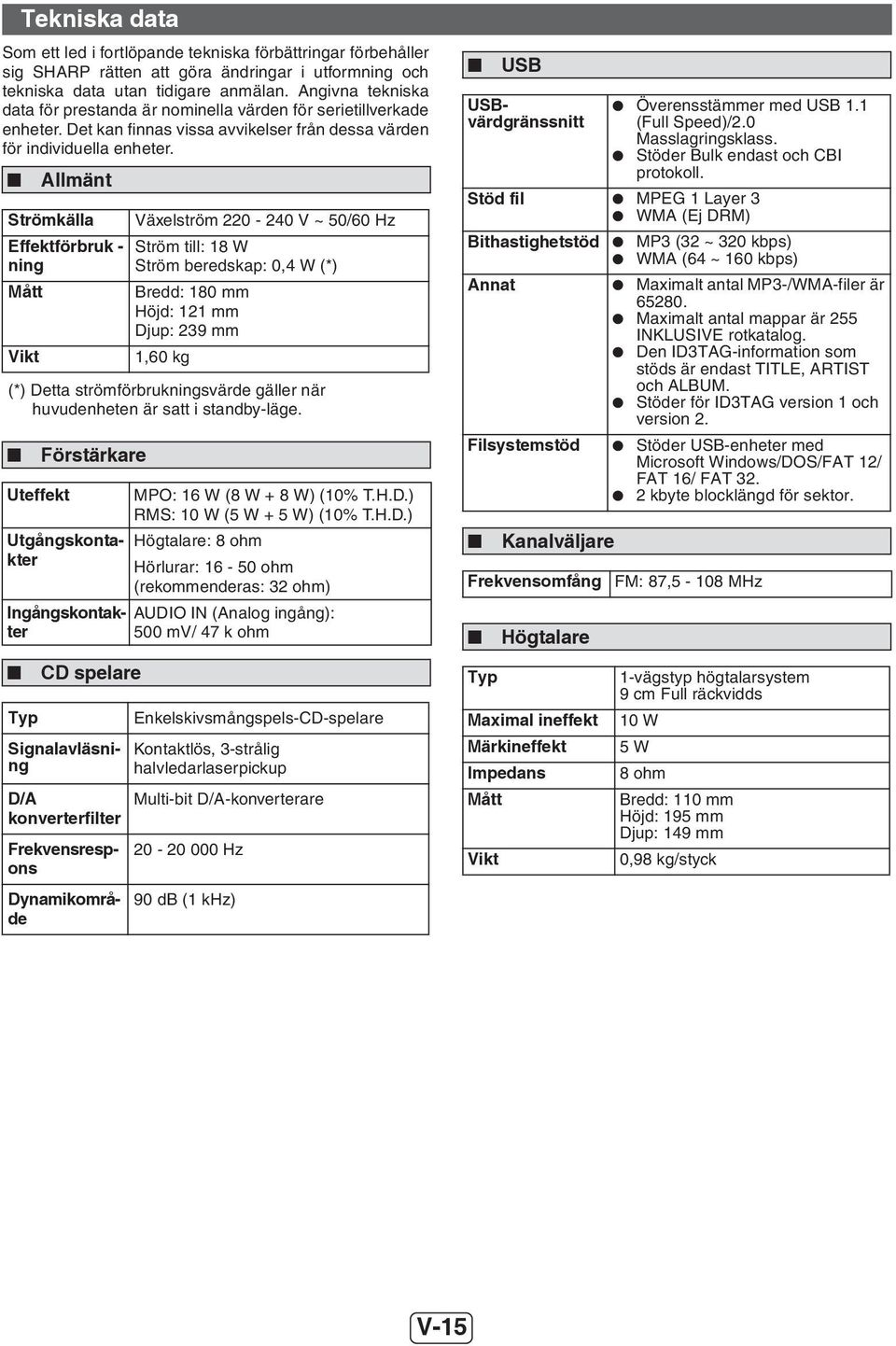 Allmänt Strömkälla Effektförbruk - ning Mått Vikt Växelström 220-240 V ~ 50/60 Hz Ström till: 18 W Ström beredskap: 0,4 W (*) Bredd: 180 mm Höjd: 121 mm Djup: 239 mm 1,60 kg (*) Detta