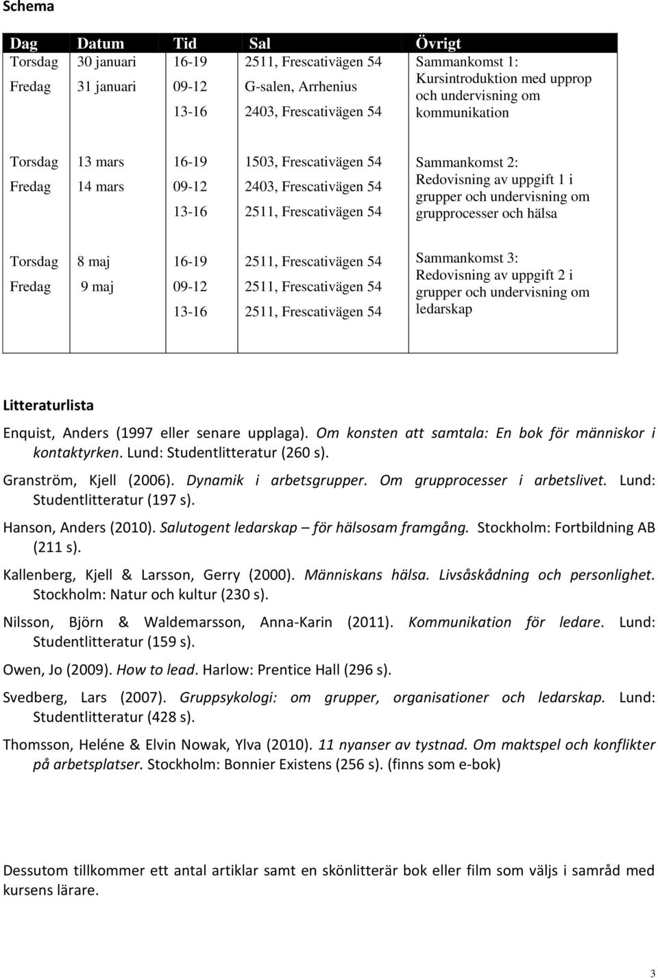 uppgift 2 i grupper och undervisning om ledarskap Litteraturlista Enquist, Anders (1997 eller senare upplaga). Om konsten att samtala: En bok för människor i kontaktyrken.