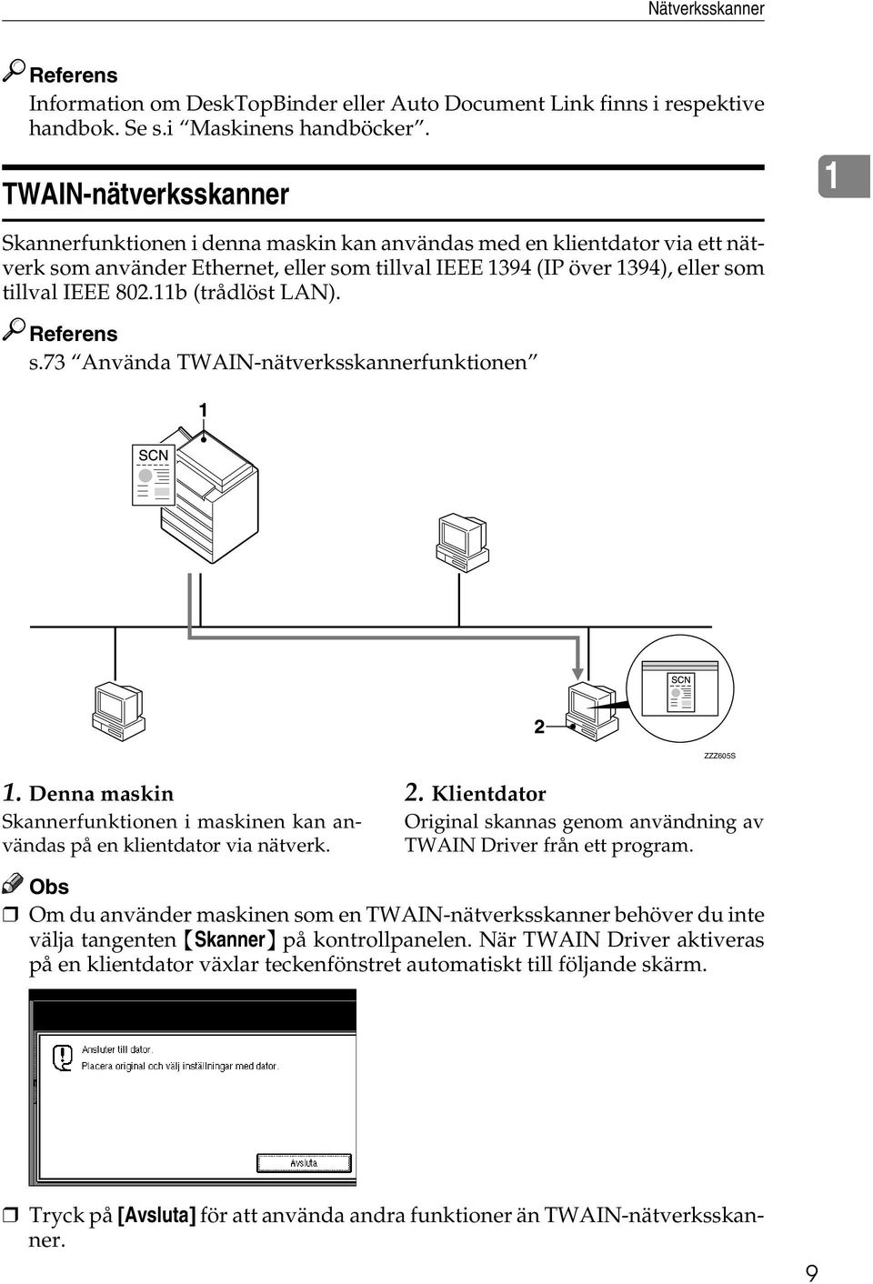 11b (trådlöst LAN). Referens s.73 Använda TWAIN-nätverksskannerfunktionen ZZZ605S 1. Denna maskin Skannerfunktionen i maskinen kan användas på en klientdator via nätverk. 2.