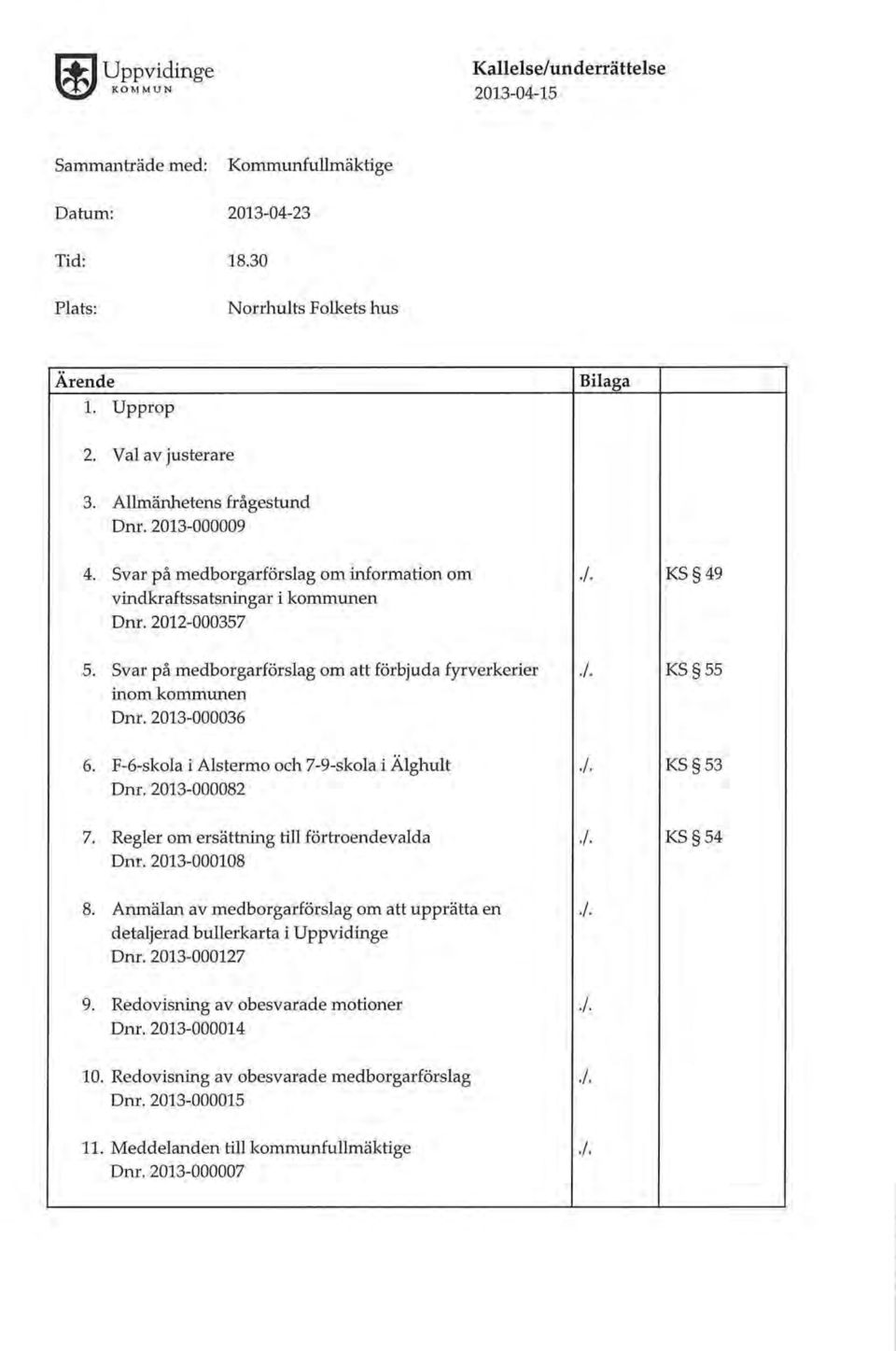 Svar på medborgarförslag om att förbjuda fyrverkerier inom kommunen Dnr. 2013-000036 6. F-6-skola i Alstermo och 7-9-skola i Älghult Dnr. 2013-000082 7. Regler om ersättning till förtroendevalda Dnr.