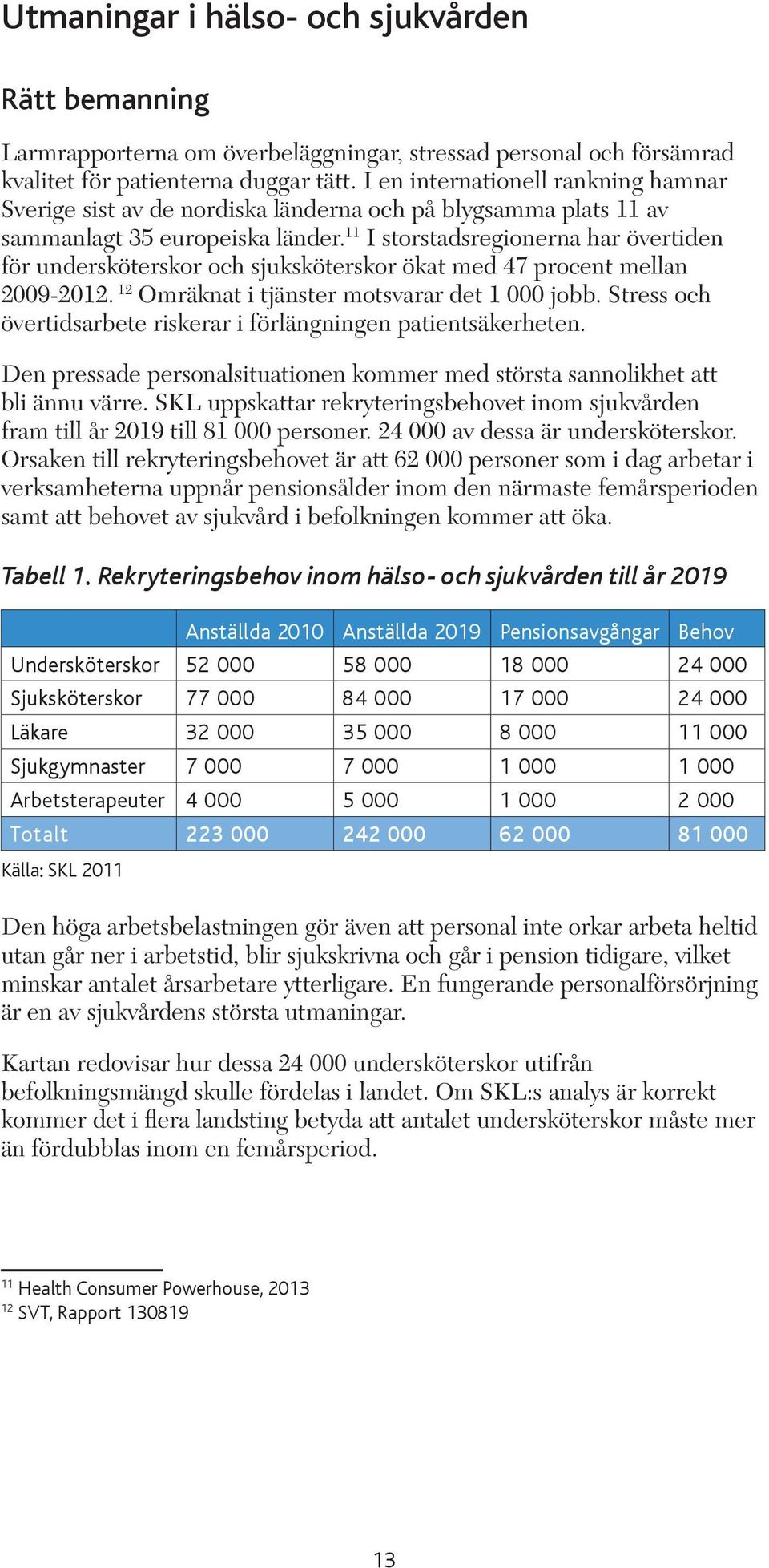 11 I storstadsregionerna har övertiden för undersköterskor och sjuksköterskor ökat med 47 procent mellan 2009-2012. 12 Omräknat i tjänster motsvarar det 1 000 jobb.