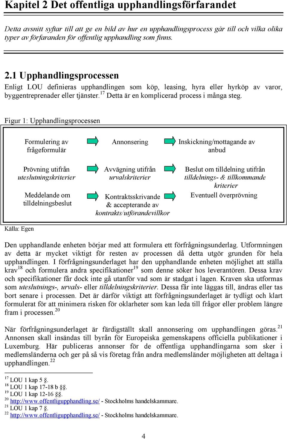 Figur 1: Upphandlingsprocessen Formulering av frågeformulär Annonsering Inskickning/mottagande av anbud Prövning utifrån uteslutningskriterier Källa: Egen Meddelande om tilldelningsbeslut Avvägning