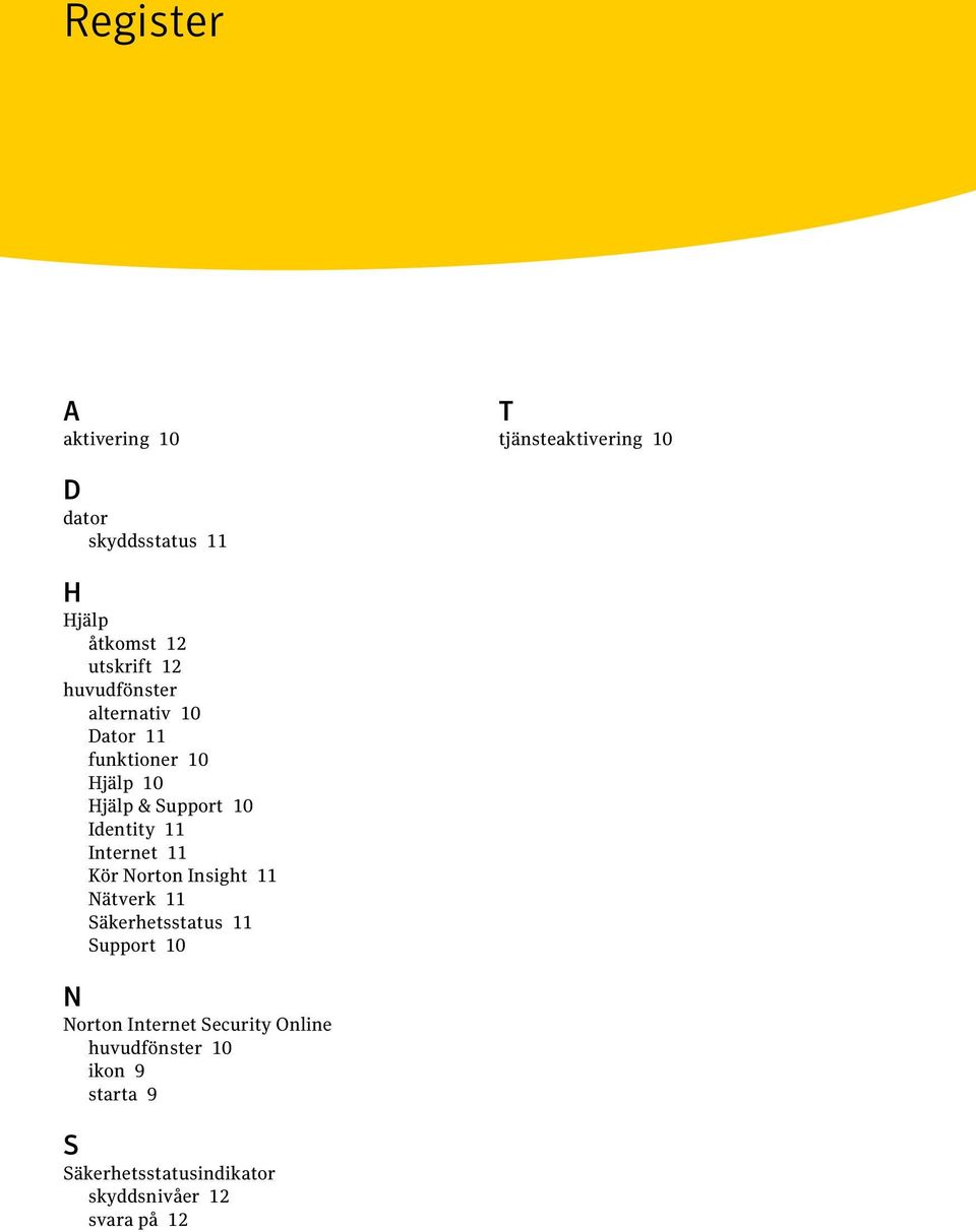 Identity 11 Internet 11 Kör Norton Insight 11 Nätverk 11 Säkerhetsstatus 11 Support 10 N Norton