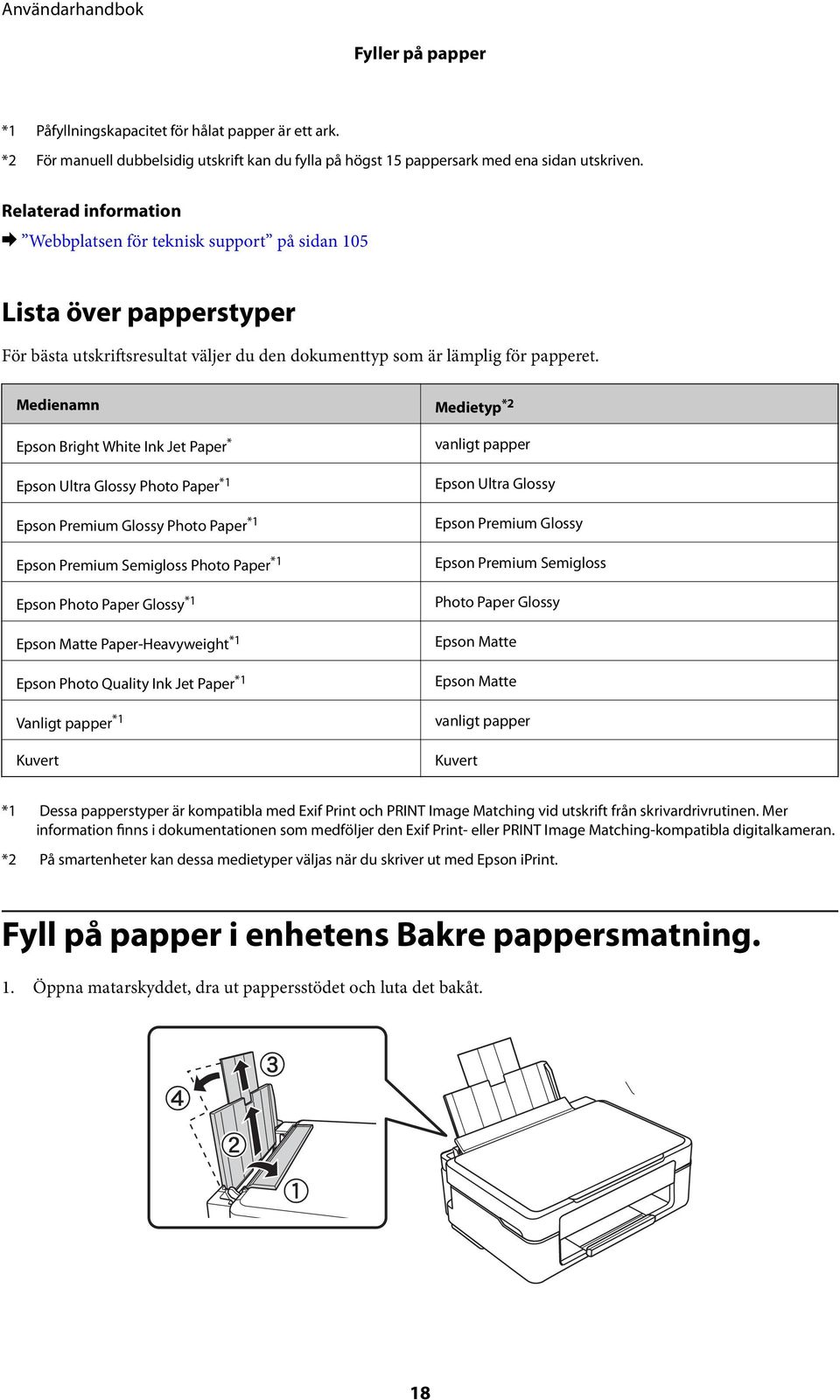 Medienamn Medietyp *2 Epson Bright White Ink Jet Paper * Epson Ultra Glossy Photo Paper *1 Epson Premium Glossy Photo Paper *1 Epson Premium Semigloss Photo Paper *1 Epson Photo Paper Glossy *1 Epson