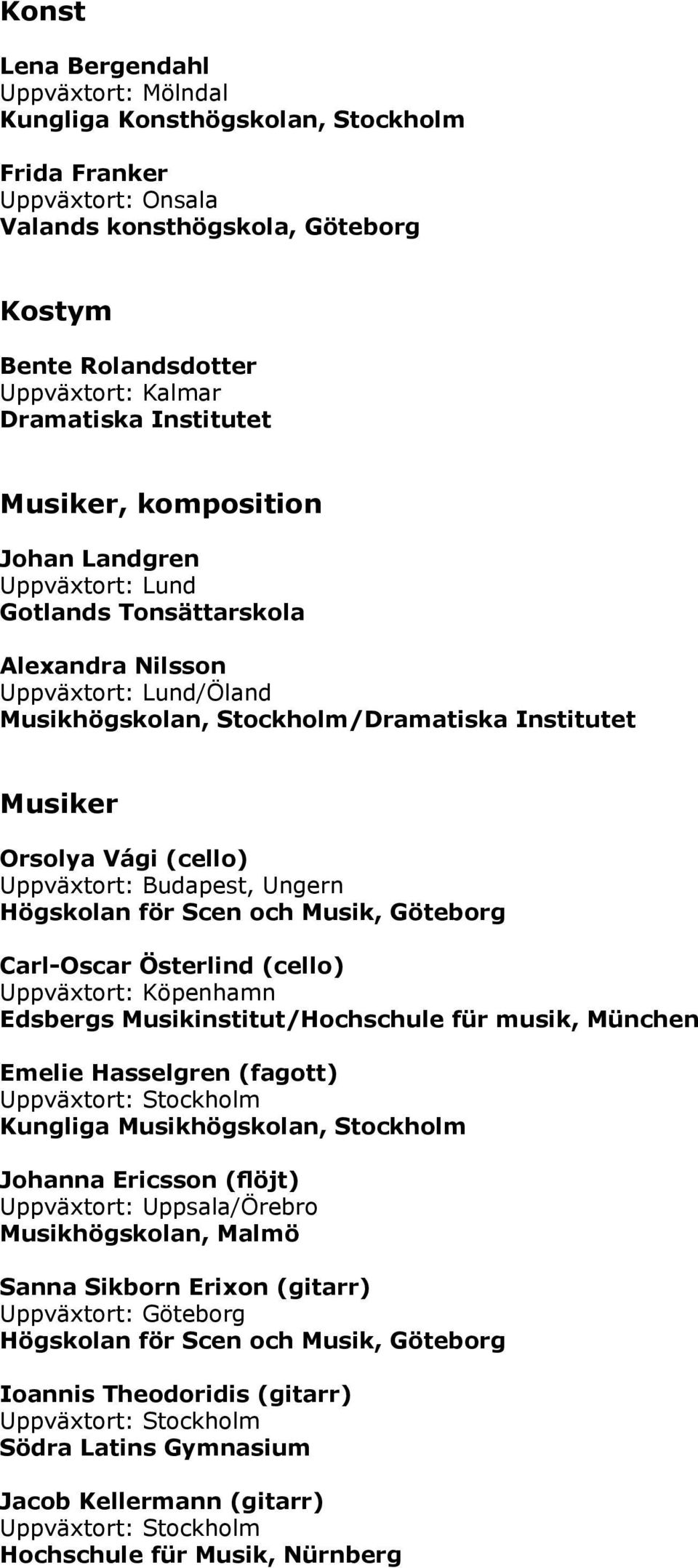 Budapest, Ungern Carl-Oscar Österlind (cello) Uppväxtort: Köpenhamn Edsbergs Musikinstitut/Hochschule für musik, München Emelie Hasselgren (fagott) Kungliga Musikhögskolan, Stockholm Johanna