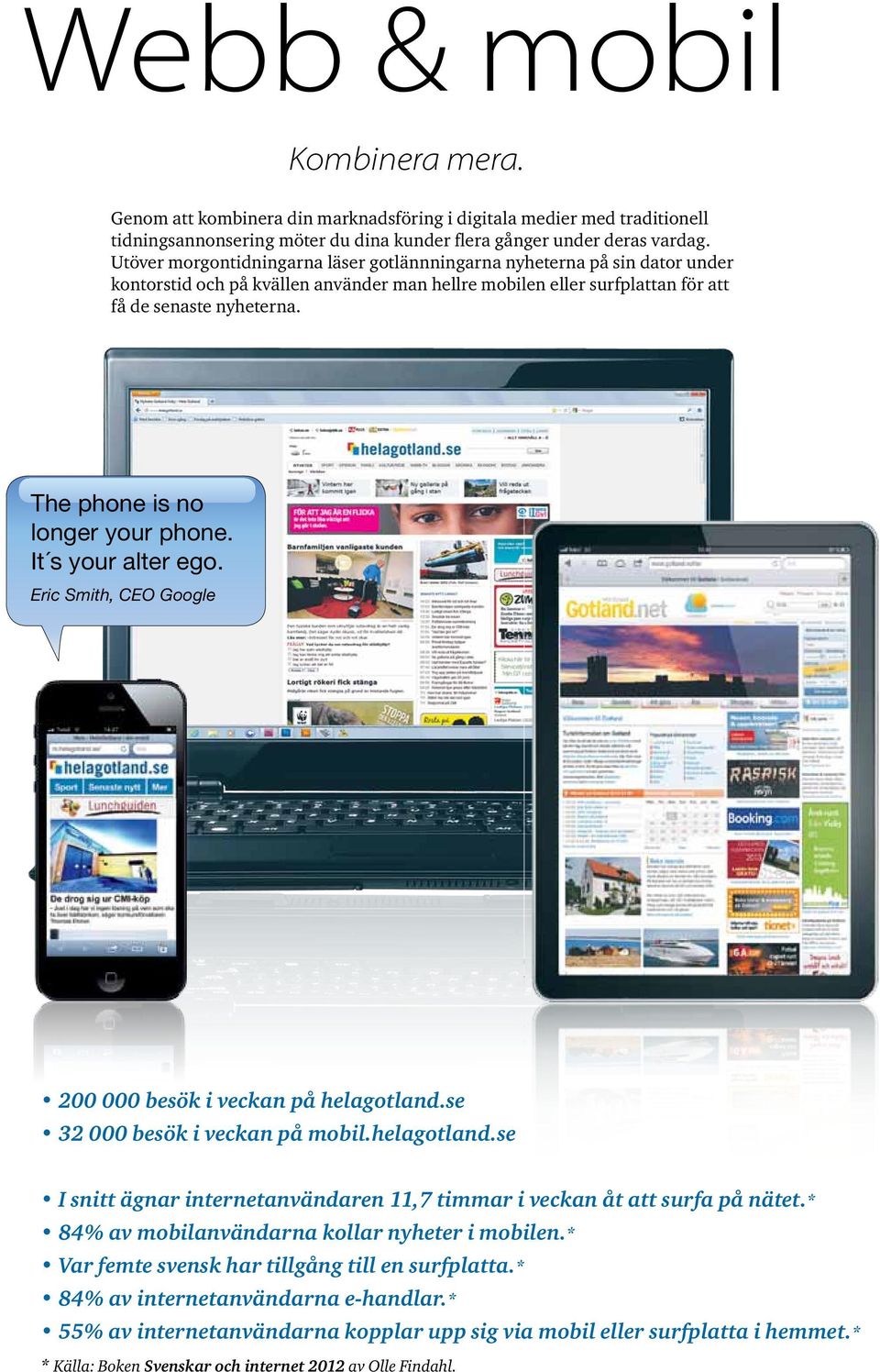 The phone is no longer your phone. It s your alter ego. Eric Smith, CEO Google 200 000 besök i veckan på helagotland.se 32 000 besök i veckan på mobil.helagotland.se I snitt ägnar internetanvändaren 11,7 timmar i veckan åt att surfa på nätet.