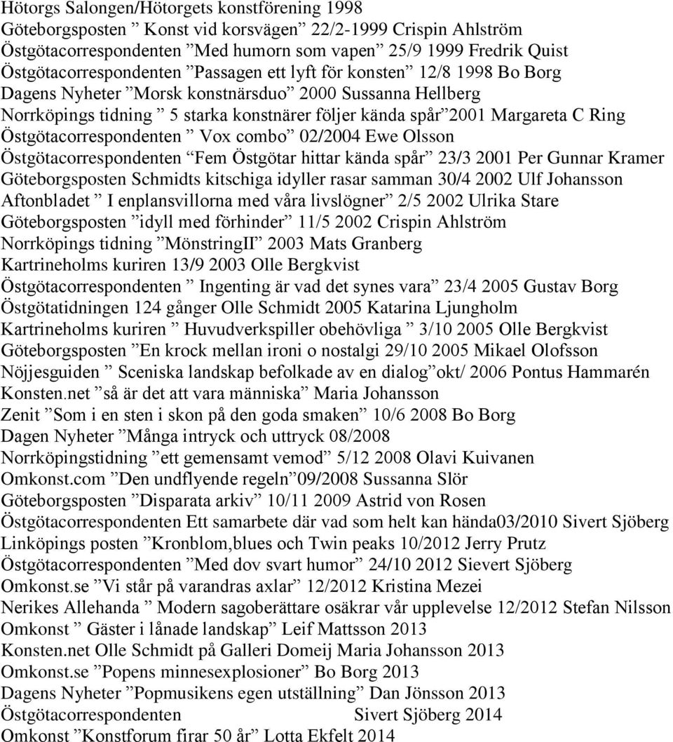 Östgötacorrespondenten Vox combo 02/2004 Ewe Olsson Östgötacorrespondenten Fem Östgötar hittar kända spår 23/3 2001 Per Gunnar Kramer Göteborgsposten Schmidts kitschiga idyller rasar samman 30/4 2002