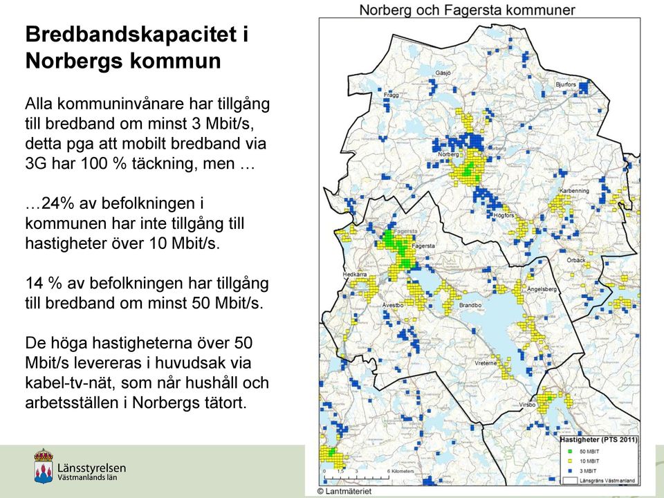 hastigheter över 10 Mbit/s. 14 % av befolkningen har tillgång till bredband om minst 50 Mbit/s.