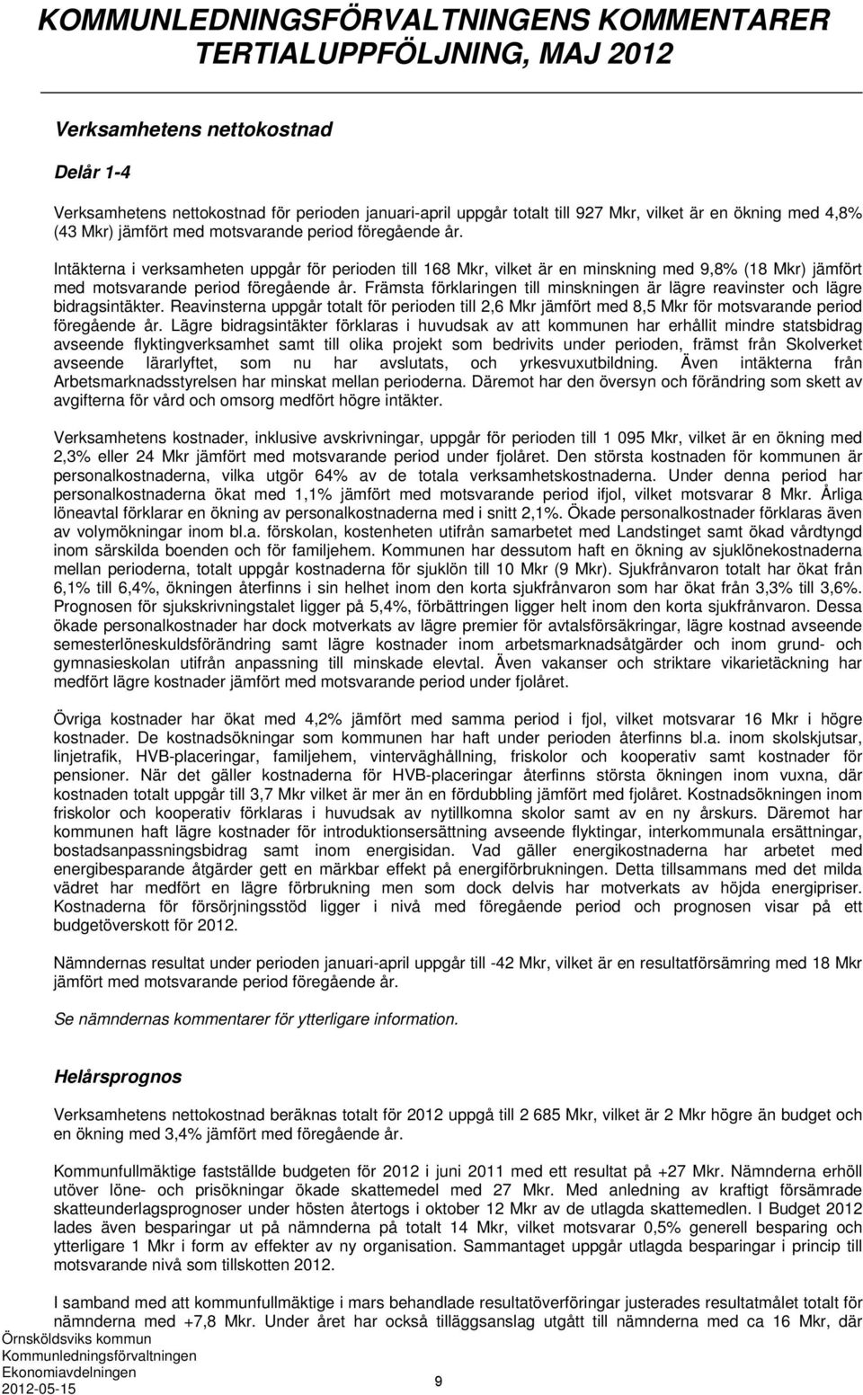 Intäkterna i verksamheten uppgår för perioden till 168 Mkr, vilket är en minskning med 9,8% (18 Mkr) jämfört med motsvarande period föregående år.