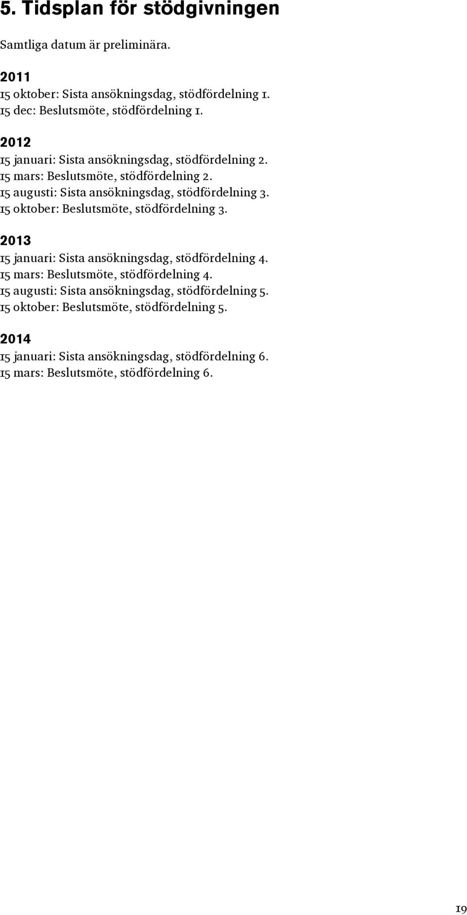 15 oktober: Beslutsmöte, stödfördelning 3. 2013 15 januari: Sista ansökningsdag, stödfördelning 4. 15 mars: Beslutsmöte, stödfördelning 4.