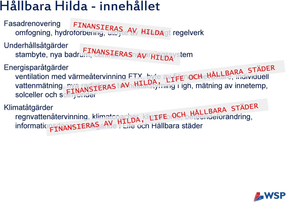 fjärrvärmeväxlare, individuell vattenmätning, nya radiatorer, termostatstyrning i lgh, mätning av innetemp, solceller och