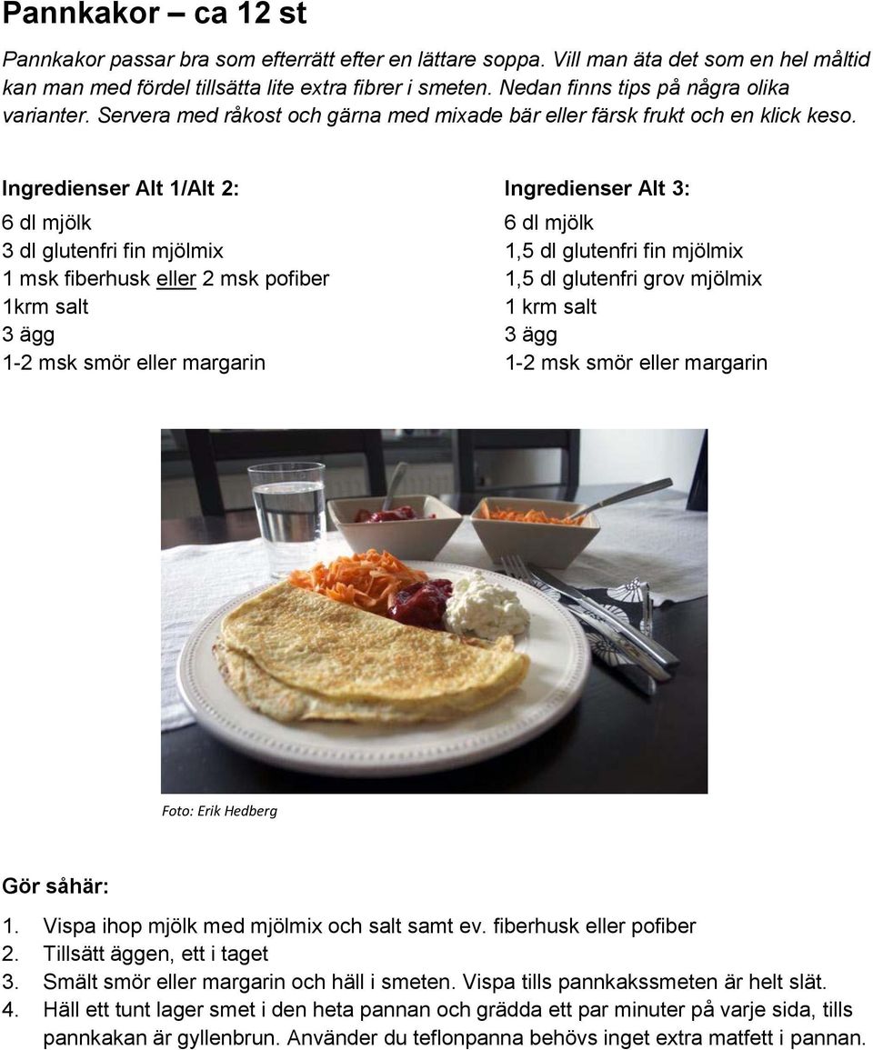 Ingredienser Alt 1/Alt 2: Ingredienser Alt 3: 6 dl mjölk 6 dl mjölk 3 dl glutenfri fin mjölmix 1,5 dl glutenfri fin mjölmix 1 msk fiberhusk eller 2 msk pofiber 1,5 dl glutenfri grov mjölmix 1krm salt