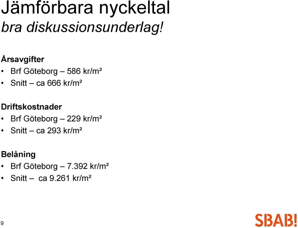 Driftskostnader Brf Göteborg 229 kr/m² Snitt ca 293