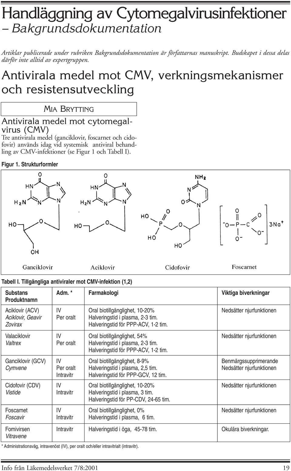 antiviral behandling av CMV-infektioner (se Figur 1 och Tabell I). Figur 1. Strukturformler MIA BRYTTING Tabell I.