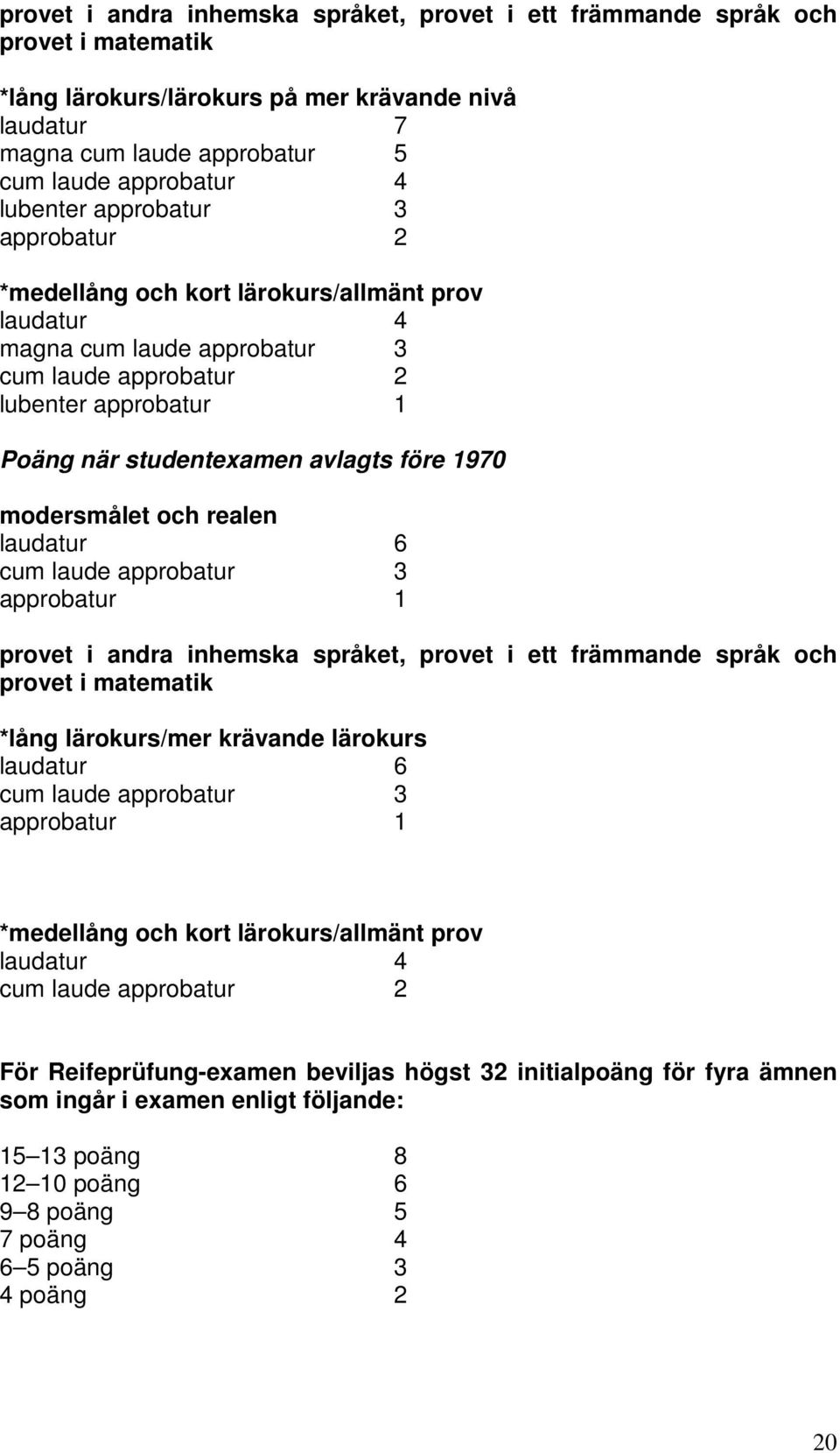 1970 modersmålet och realen laudatur 6 cum laude approbatur 3 approbatur 1 provet i andra inhemska språket, provet i ett främmande språk och provet i matematik *lång lärokurs/mer krävande lärokurs