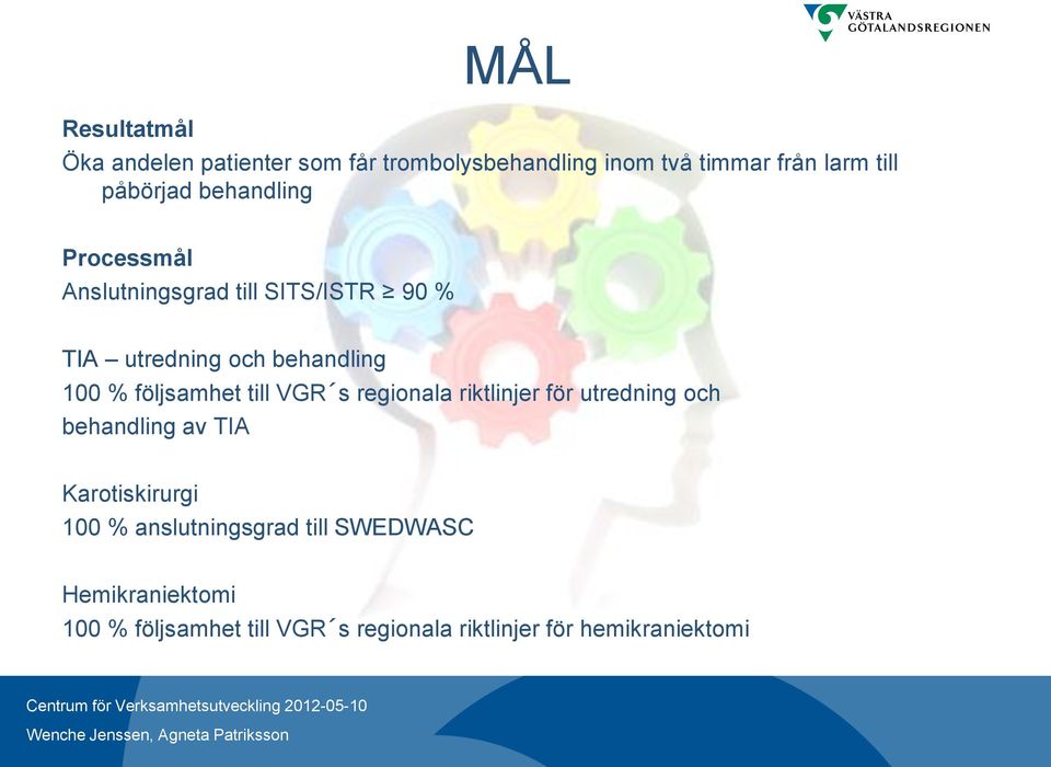 följsamhet till VGR s regionala riktlinjer för utredning och behandling av TIA Karotiskirurgi 100 %