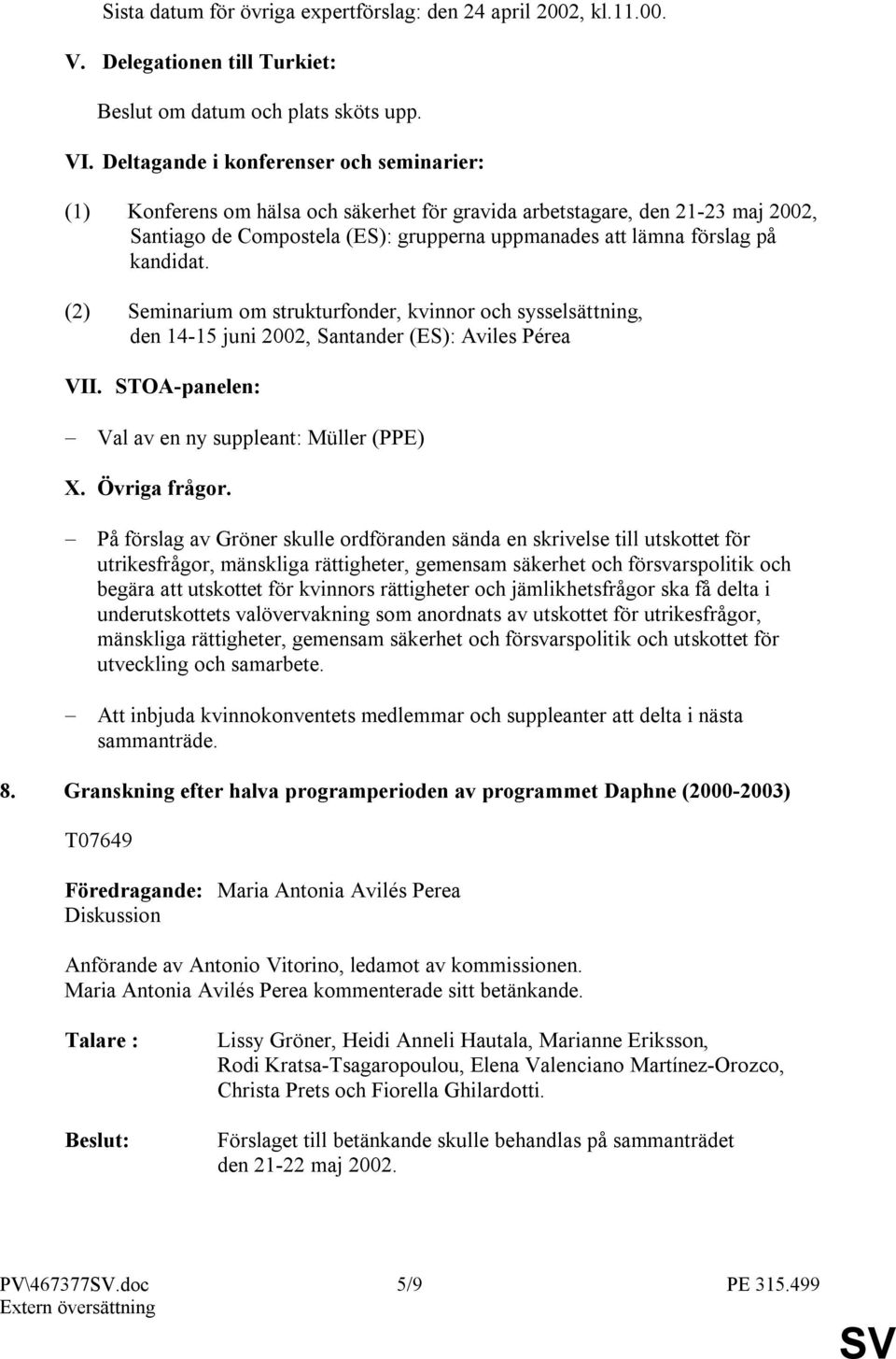 kandidat. (2) Seminarium om strukturfonder, kvinnor och sysselsättning, den 14-15 juni 2002, Santander (ES): Aviles Pérea VII. STOA-panelen: Val av en ny suppleant: Müller (PPE) X. Övriga frågor.