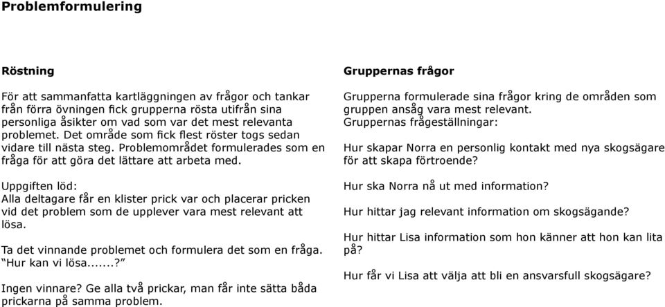 Uppgiften löd: Alla deltagare får en klister prick var och placerar pricken vid det problem som de upplever vara mest relevant att lösa. Ta det vinnande problemet och formulera det som en fråga.