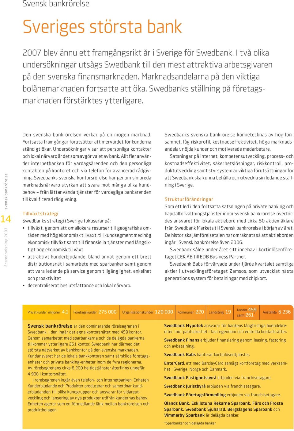 Swedbanks ställning på företagsmarknaden förstärktes ytterligare. årsredovisning 7 svensk bankrörelse 1 Den svenska bankrörelsen verkar på en mogen marknad.