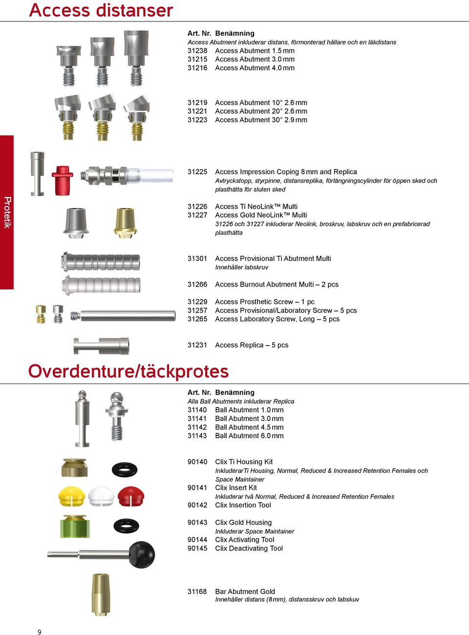 9 mm 31225 Access Impression Coping 8 mm and Replica Avtryckstopp, styrpinne, distansreplika, förlängningscylinder för öppen sked och plasthätta för sluten sked Protetik 31226 Access Ti NeoLink Multi