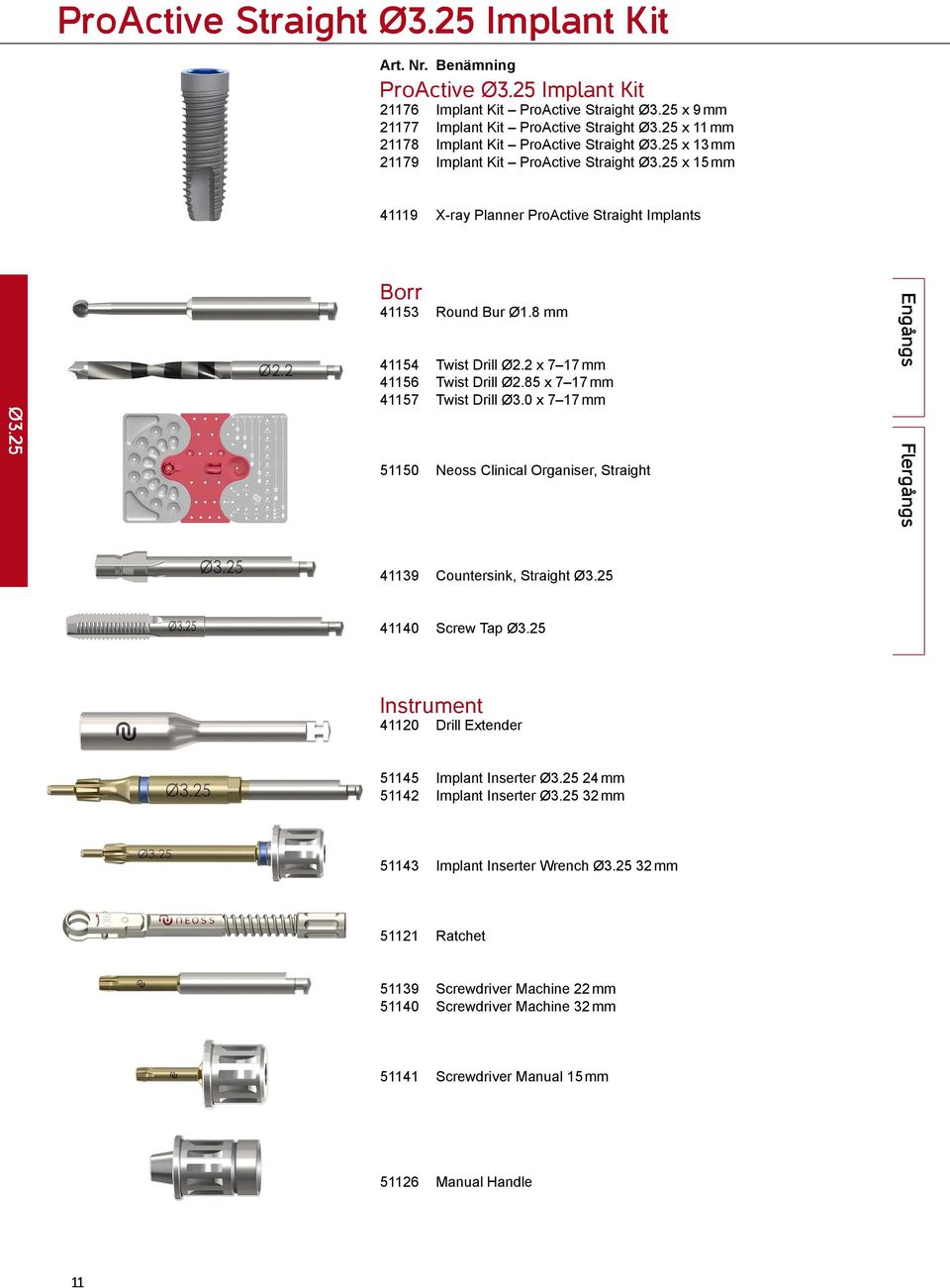 8 mm 41154 Twist Drill Ø2.2 x 7 17 mm 41156 Twist Drill Ø2.85 x 7 17 mm 41157 Twist Drill Ø3.0 x 7 17 mm 51150 Neoss Clinical Organiser, Straight Engångs Flergångs 41139 Countersink, Straight Ø3.