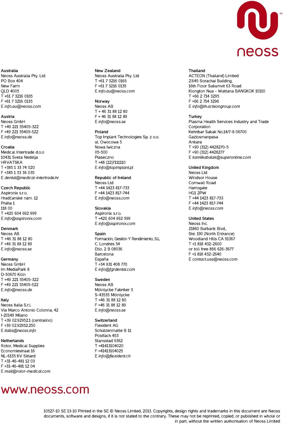 12 Praha 1 118 00 T +420 604 692 999 E info@aspironix.com Denmark Neoss AB T +46 31 88 12 80 F +46 31 88 12 89 E info@neoss.