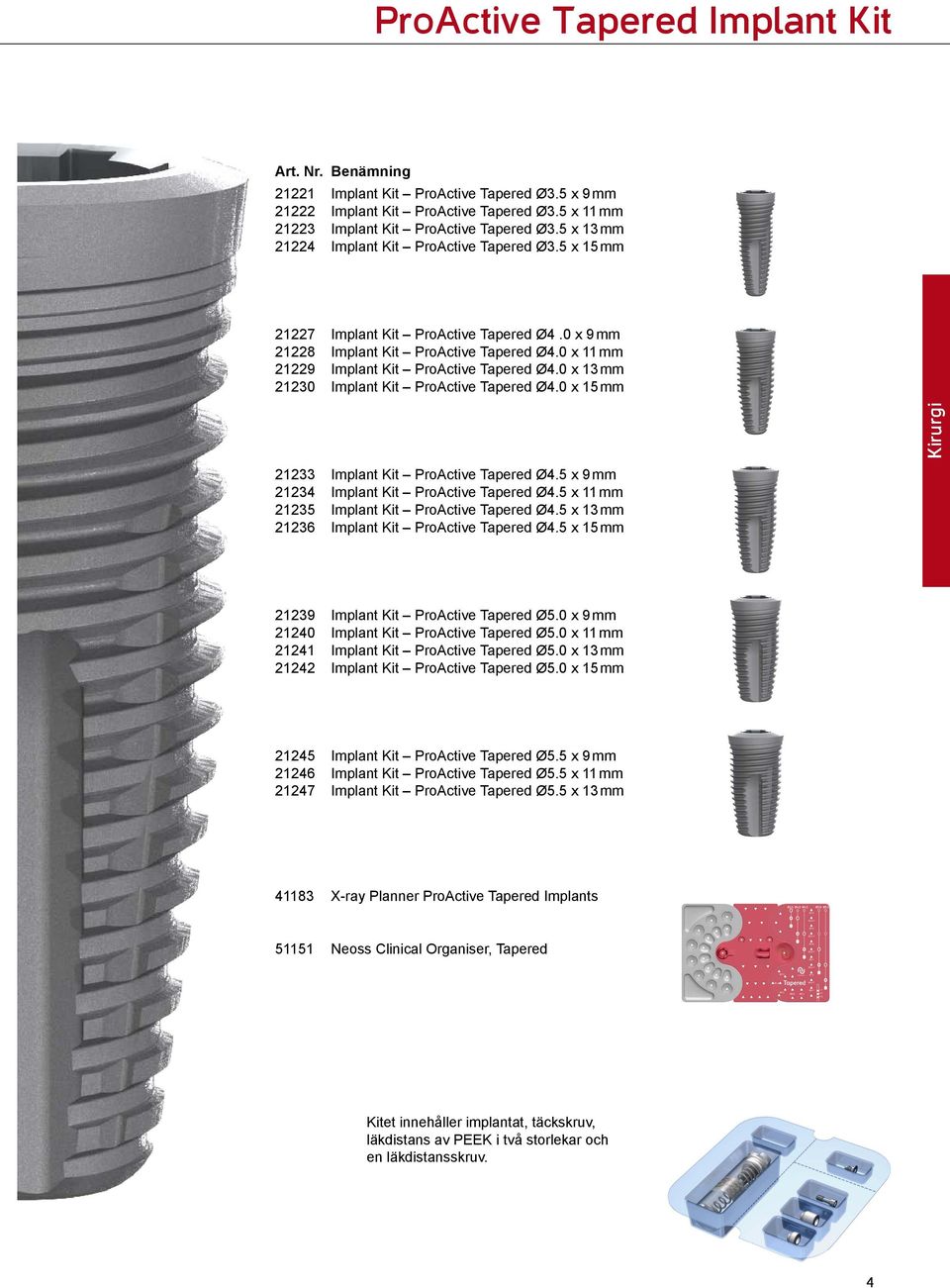 0 x 13 mm 21230 Implant Kit ProActive Tapered Ø4.0 x 15 mm 21233 Implant Kit ProActive Tapered Ø4.5 x 9 mm 21234 Implant Kit ProActive Tapered Ø4.5 x 11 mm 21235 Implant Kit ProActive Tapered Ø4.