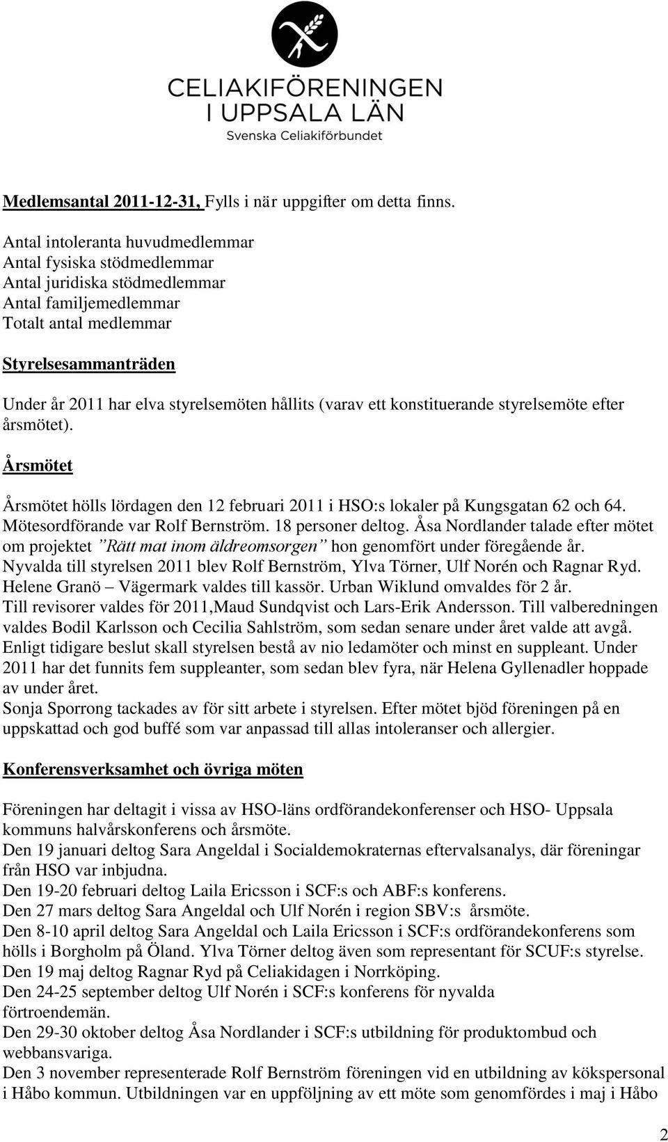 hållits (varav ett konstituerande styrelsemöte efter årsmötet). Årsmötet Årsmötet hölls lördagen den 12 februari 2011 i HSO:s lokaler på Kungsgatan 62 och 64. Mötesordförande var Rolf Bernström.