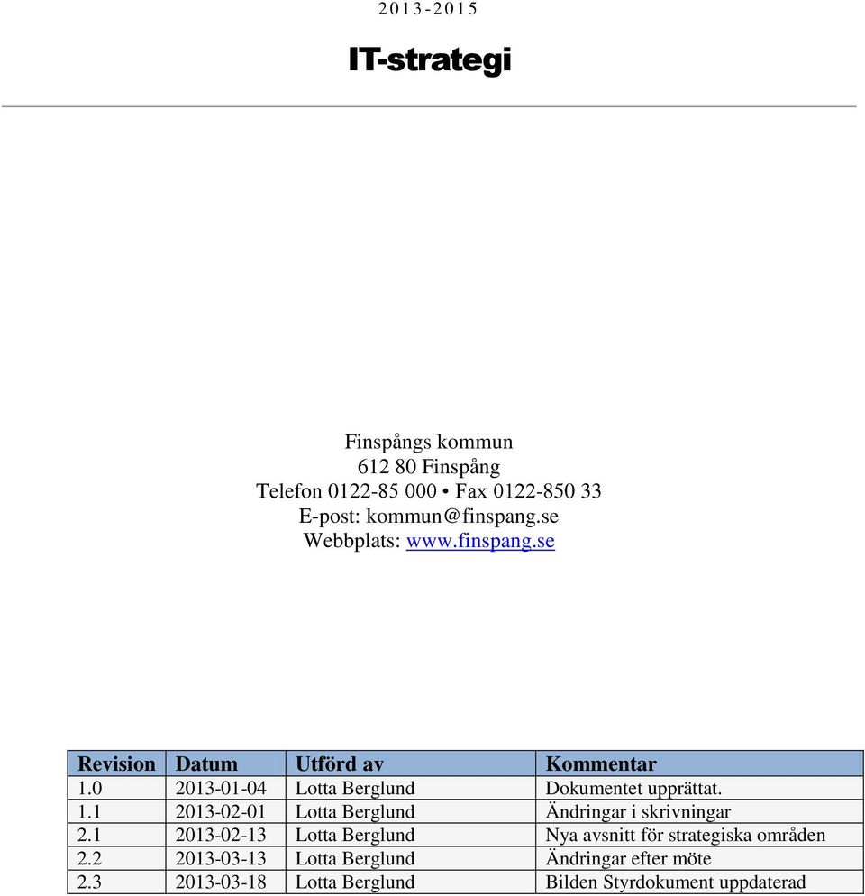 0 2013-01-04 Lotta Berglund Dokumentet upprättat. 1.1 2013-02-01 Lotta Berglund Ändringar i skrivningar 2.