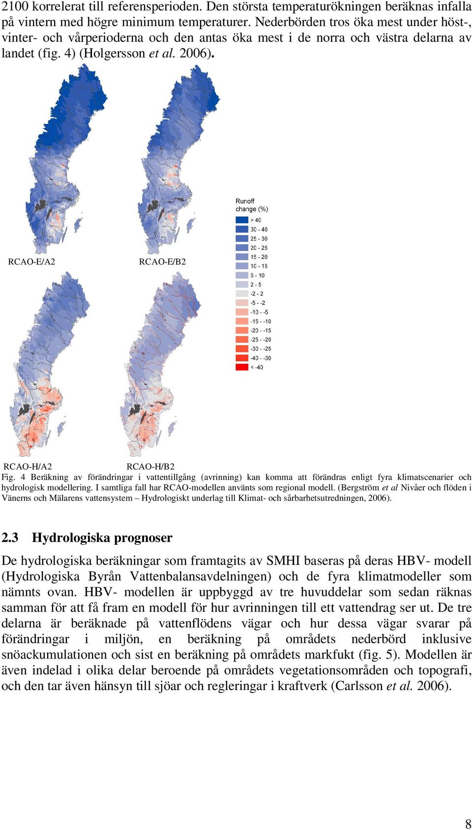 RCAO-E/A2 RCAO-E/B2 RCAO-H/A2 RCAO-H/B2 Fig. 4 Beräkning av förändringar i vattentillgång (avrinning) kan komma att förändras enligt fyra klimatscenarier och hydrologisk modellering.