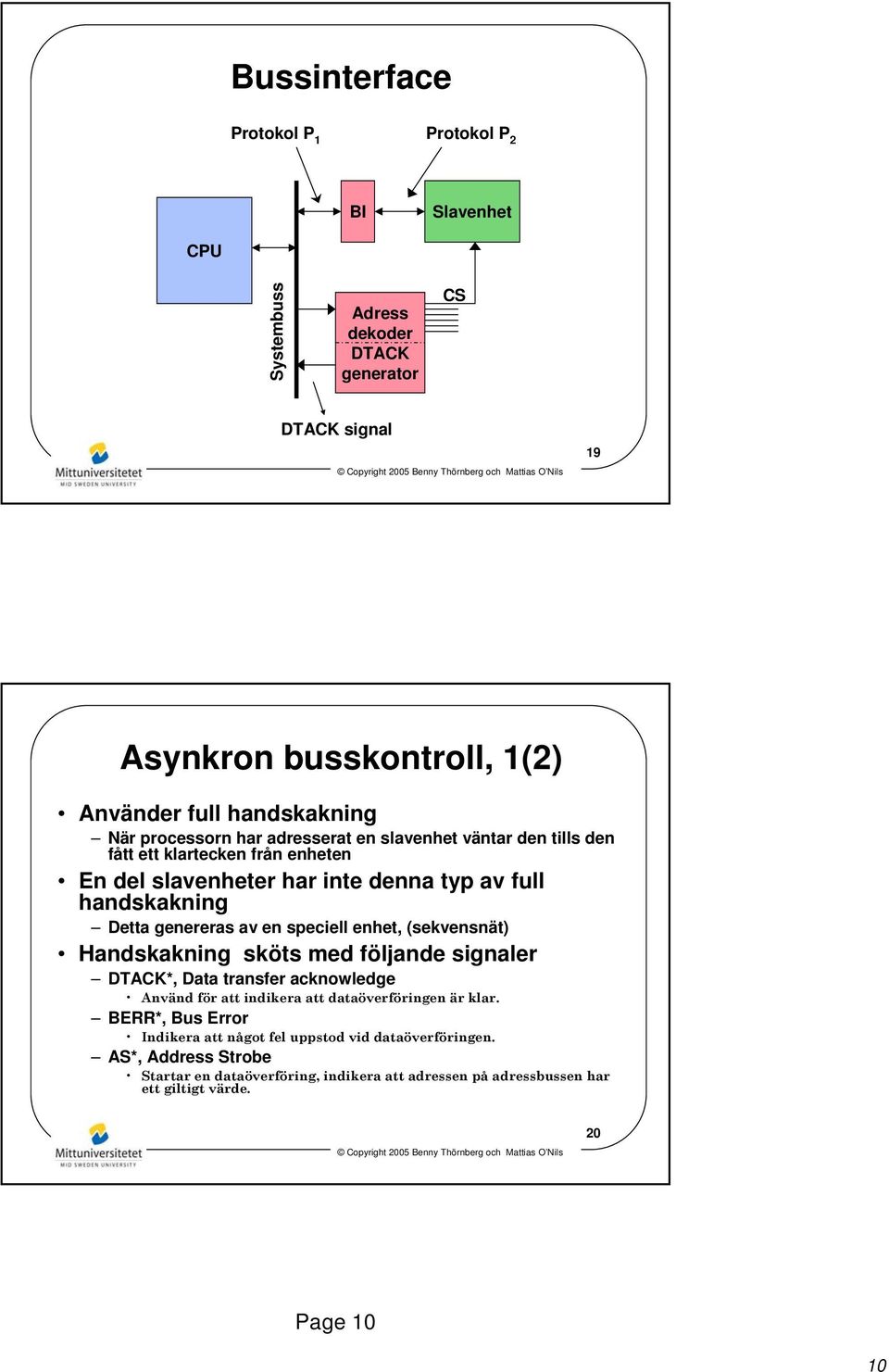 genereras av en speciell enhet, (sekvensnät) Handskakning sköts med följande signaler DTACK*, Data transfer acknowledge Använd för att indikera att dataöverföringen är klar.