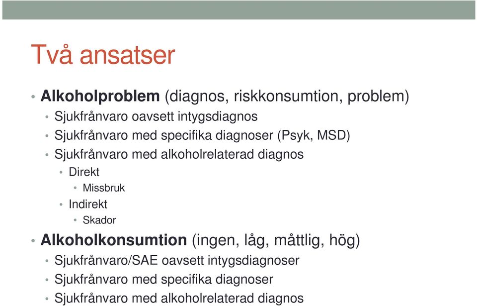 diagnos Direkt Missbruk Indirekt Skador Alkoholkonsumtion (ingen, låg, måttlig, hög)