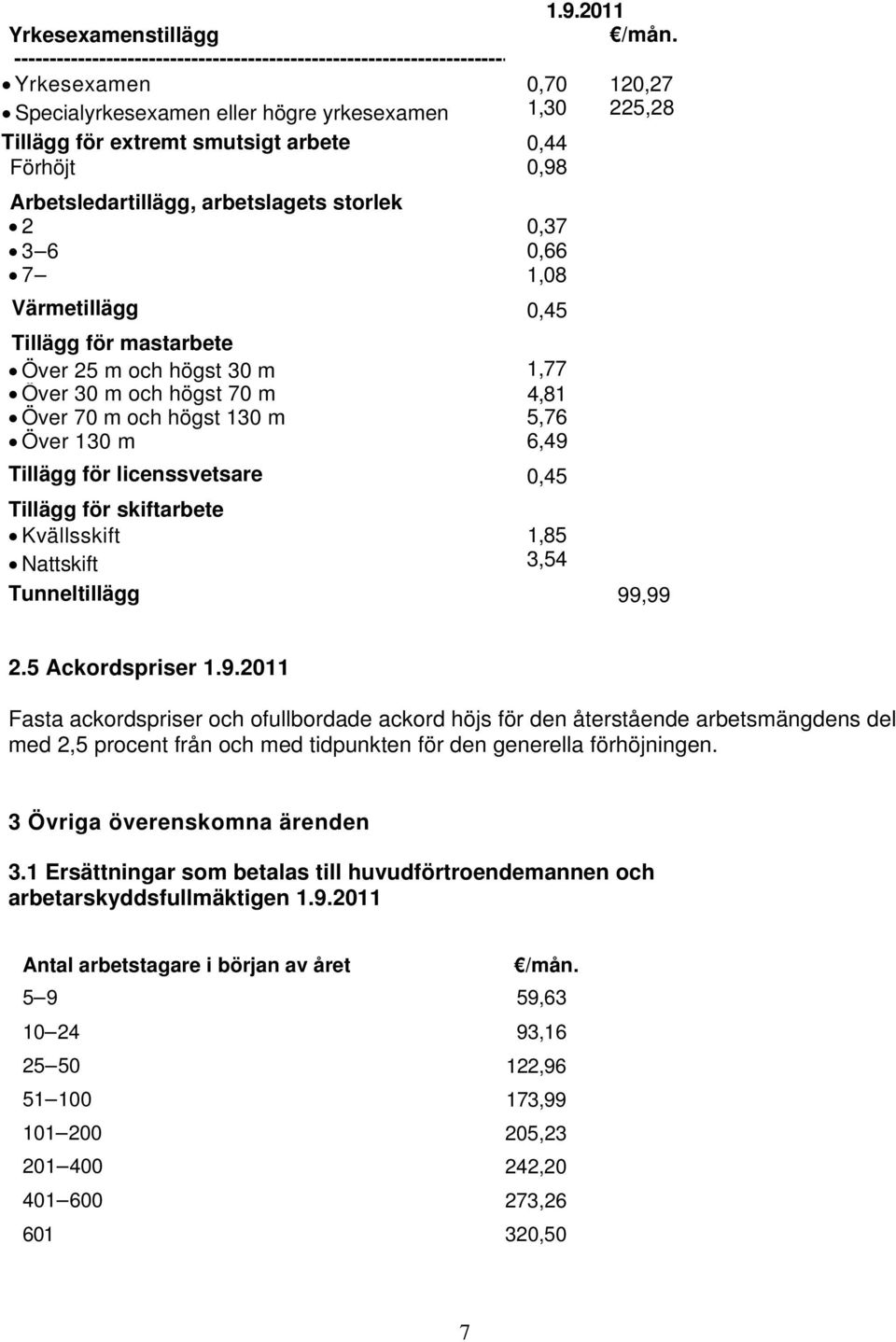 0,98 Arbetsledartillägg, arbetslagets storlek 2 0,37 3 6 0,66 7 1,08 Värmetillägg 0,45 Tillägg för mastarbete Över 25 m och högst 30 m 1,77 Över 30 m och högst 70 m 4,81 Över 70 m och högst 130 m