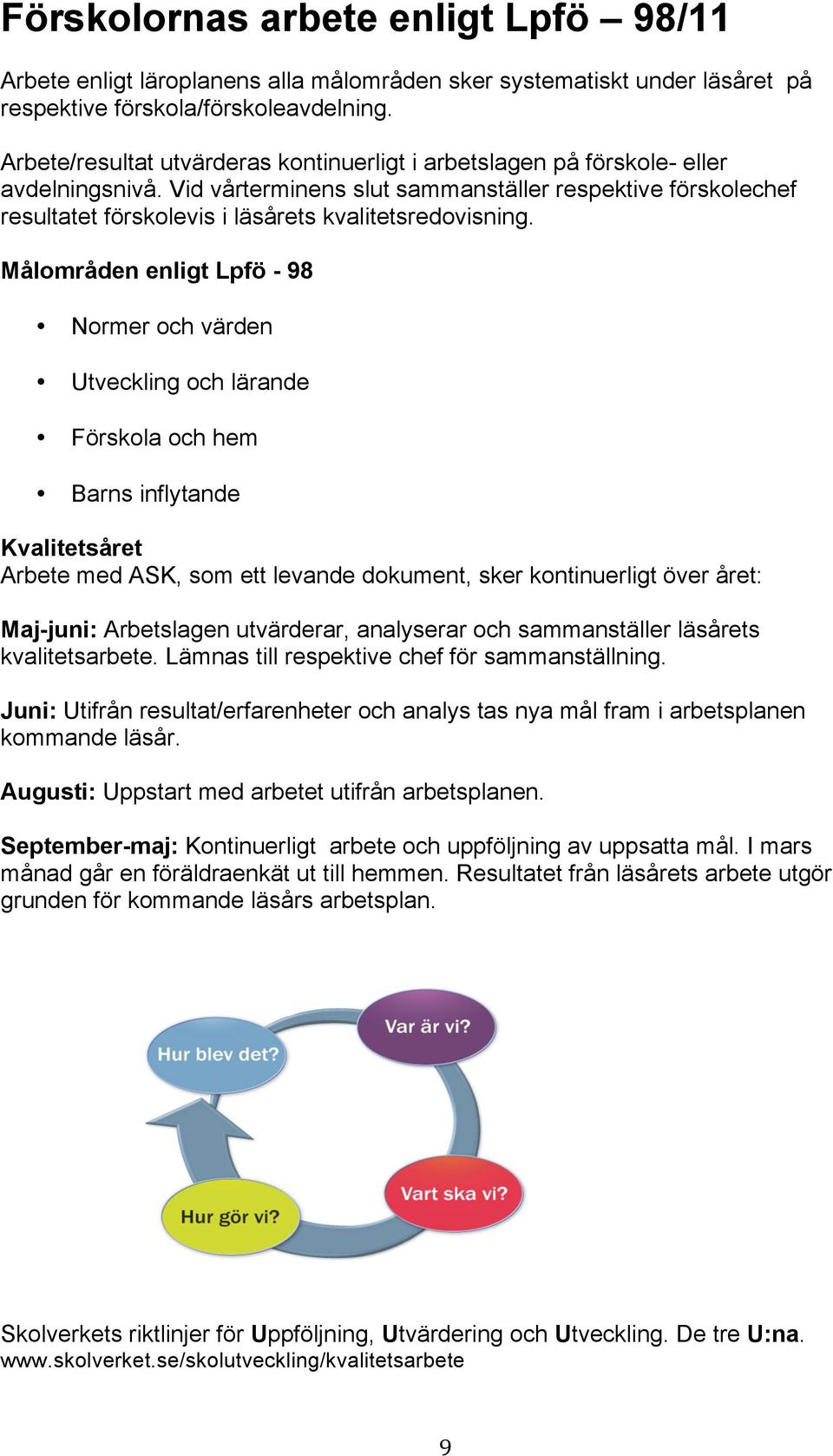 Vid vårterminens slut sammanställer respektive förskolechef resultatet förskolevis i läsårets kvalitetsredovisning.