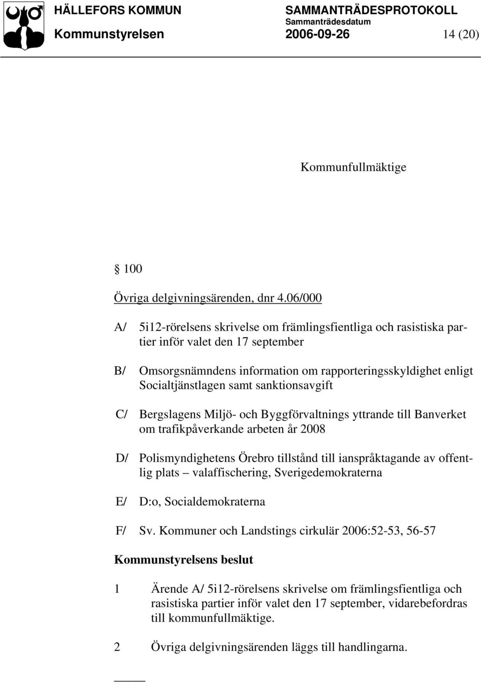 sanktionsavgift C/ Bergslagens Miljö- och Byggförvaltnings yttrande till Banverket om trafikpåverkande arbeten år 2008 D/ Polismyndighetens Örebro tillstånd till ianspråktagande av offentlig plats