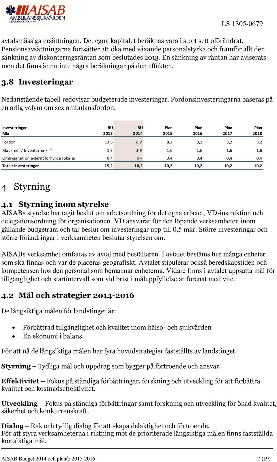 En sänkning av räntan har aviserats men det finns ännu inte några beräkningar på den effekten. 3.8 Investeringar Nedanstående tabell redovisar budgeterade investeringar.