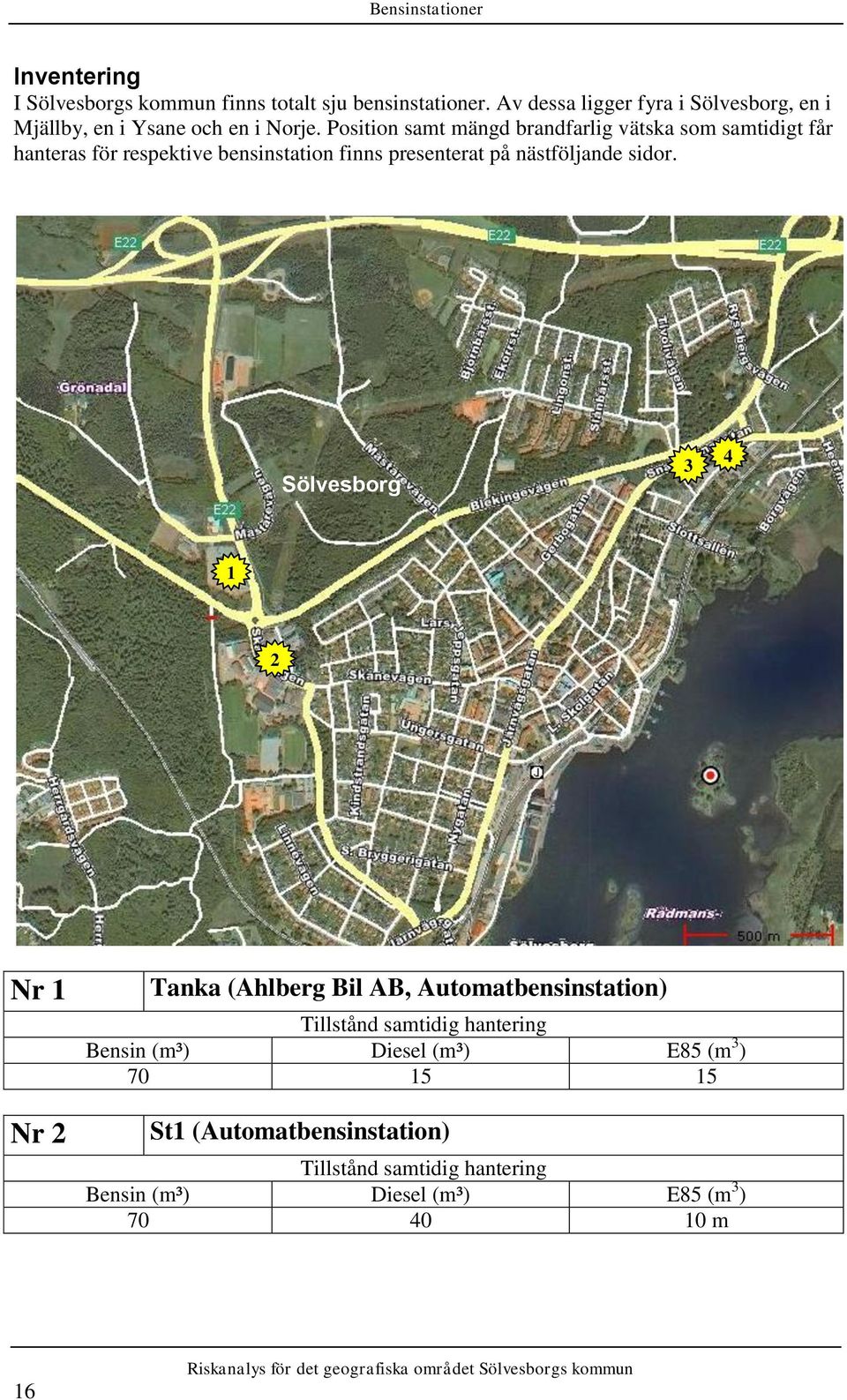 Position samt mängd brandfarlig vätska som samtidigt får hanteras för respektive bensinstation finns presenterat på nästföljande sidor.