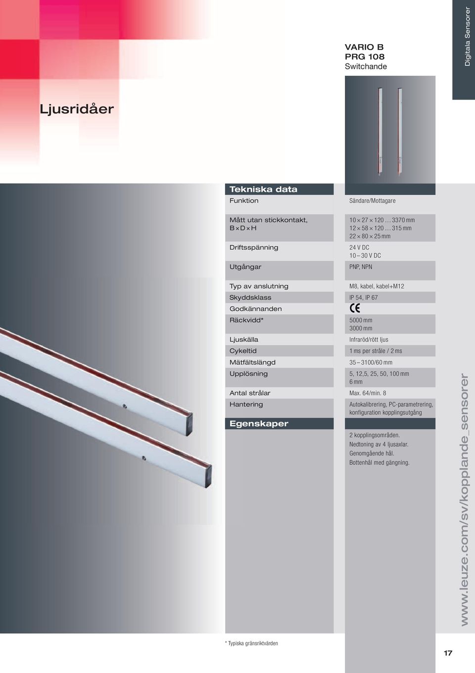 5000 mm 3000 mm Infraröd/rött ljus 1 ms per stråle / 2 ms 35 3100/60 mm 5, 12,5, 25, 50, 100 mm 6 mm Antal strålar Max. 64/min.