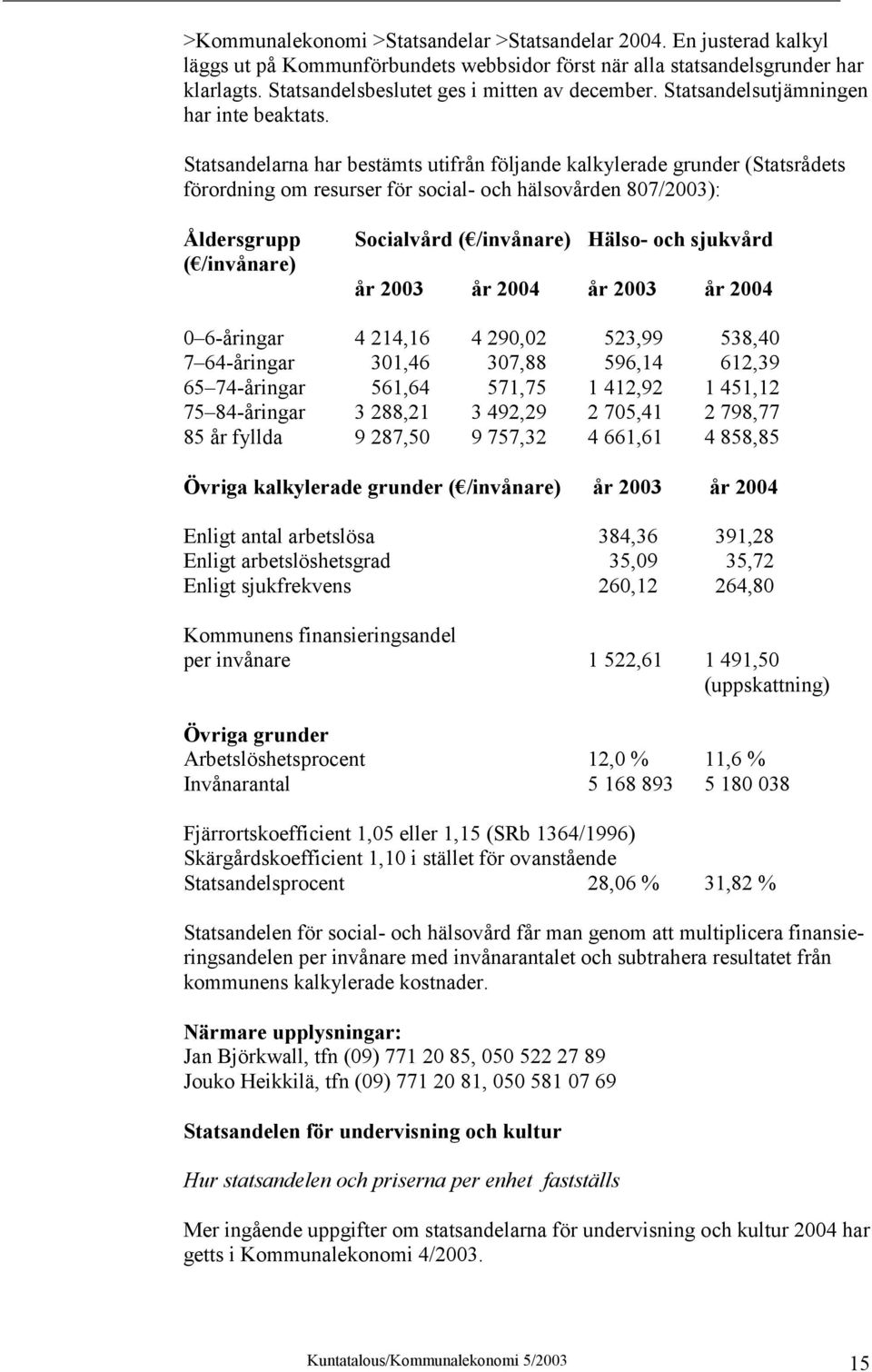 Statsandelarna har bestämts utifrån följande kalkylerade grunder (Statsrådets förordning om resurser för social- och hälsovården 807/2003): Åldersgrupp Socialvård ( /invånare) Hälso- och sjukvård (