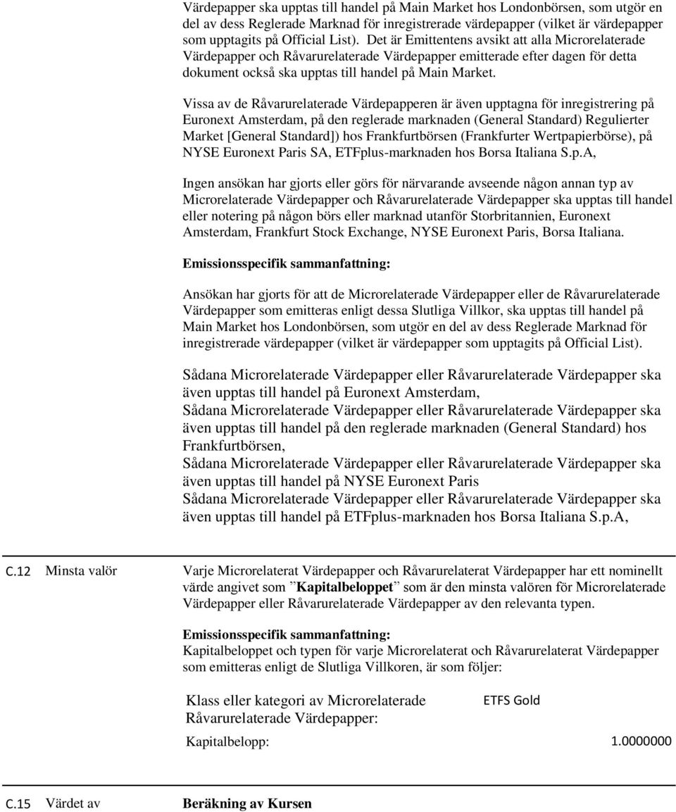 Vissa av de Råvarurelaterade Värdepapperen är även upptagna för inregistrering på Euronext Amsterdam, på den reglerade marknaden (General Standard) Regulierter Market [General Standard]) hos