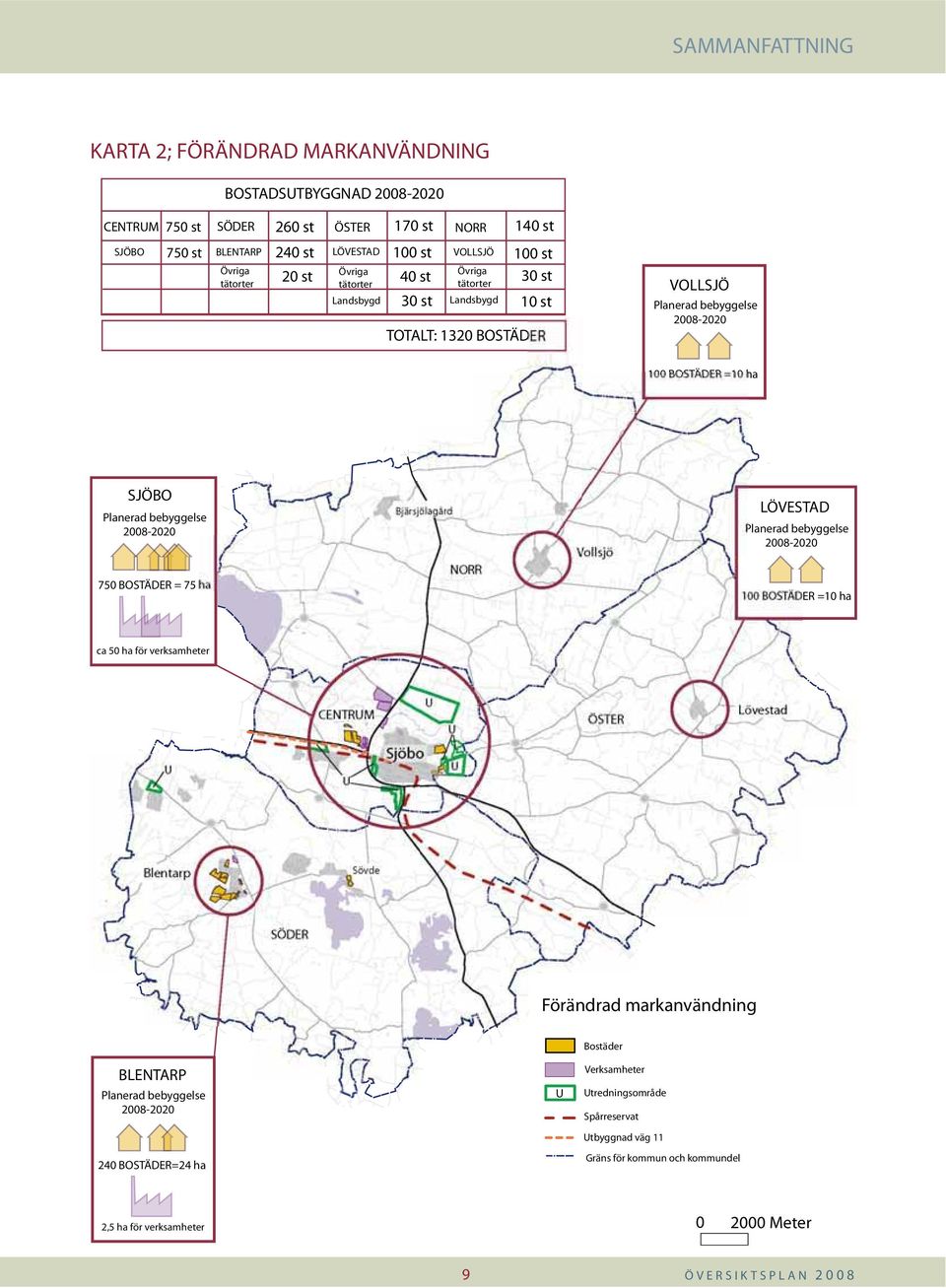 2008-2020 750 BOSTÄDER = 75 ha Bjärsjölagård NORR Vollsjö LÖVESTAD Planerad bebyggelse 2008-2020 100 BOSTÄDER =10 ha ca 50 ha för verksamheter U U Lövestad U U Sjöbo U Blentarp Sövde SÖDER Förändrad