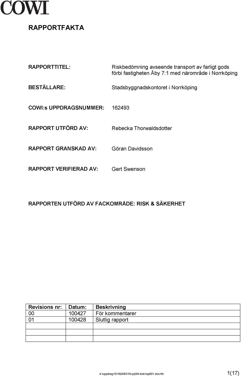 RAPPORT GRANSKAD AV: Göran Davidsson RAPPORT VERIFIERAD AV: Gert Swenson RAPPORTEN UTFÖRD AV FACKOMRÅDE: RISK & SÄKERHET