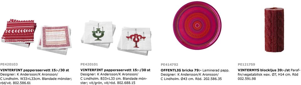 61 VINTERFINT pappersservett 15:-/30 st Designer: K Andersson/K Aronsson/ C Lindholm. B33 L33 cm.