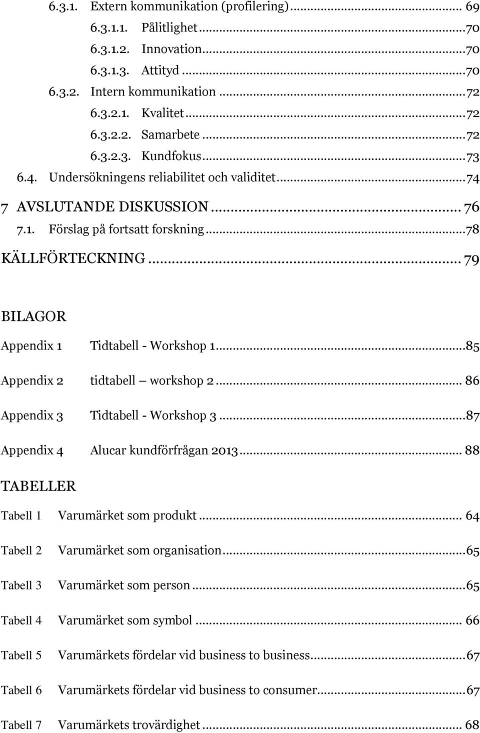 .. 79 BILAGOR Appendix 1 Tidtabell - Workshop 1...85 Appendix 2 tidtabell workshop 2... 86 Appendix 3 Tidtabell - Workshop 3... 87 Appendix 4 Alucar kundförfrågan 2013.