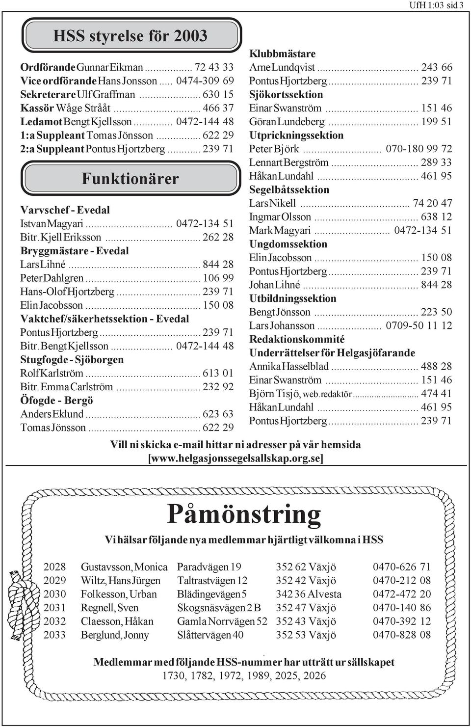 .. 262 28 Bryggmästare - Evedal Lars Lihné... 844 28 Peter Dahlgren... 106 99 Hans-Olof Hjortzberg... 239 71 Elin Jacobsson... 150 08 Vaktchef/säkerhetssektion - Evedal Pontus Hjortzberg... 239 71 Bitr.