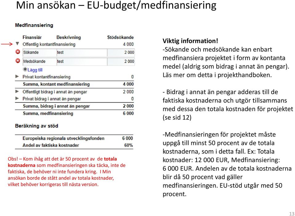 Kom ihåg att det är 50 procent av de totala kostnaderna som medfinansieringen ska täcka, inte de faktiska, de behöver ni inte fundera kring.