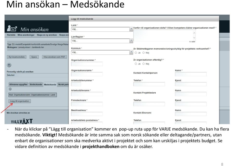 Medsökande är inte samma sak som norsk sökande eller deltagande/partners, utan enbart de