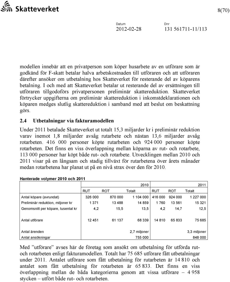 I och med att Skatteverket betalar ut resterande del av ersättningen till utföraren tillgodoförs privatpersonen preliminär skattereduktion.